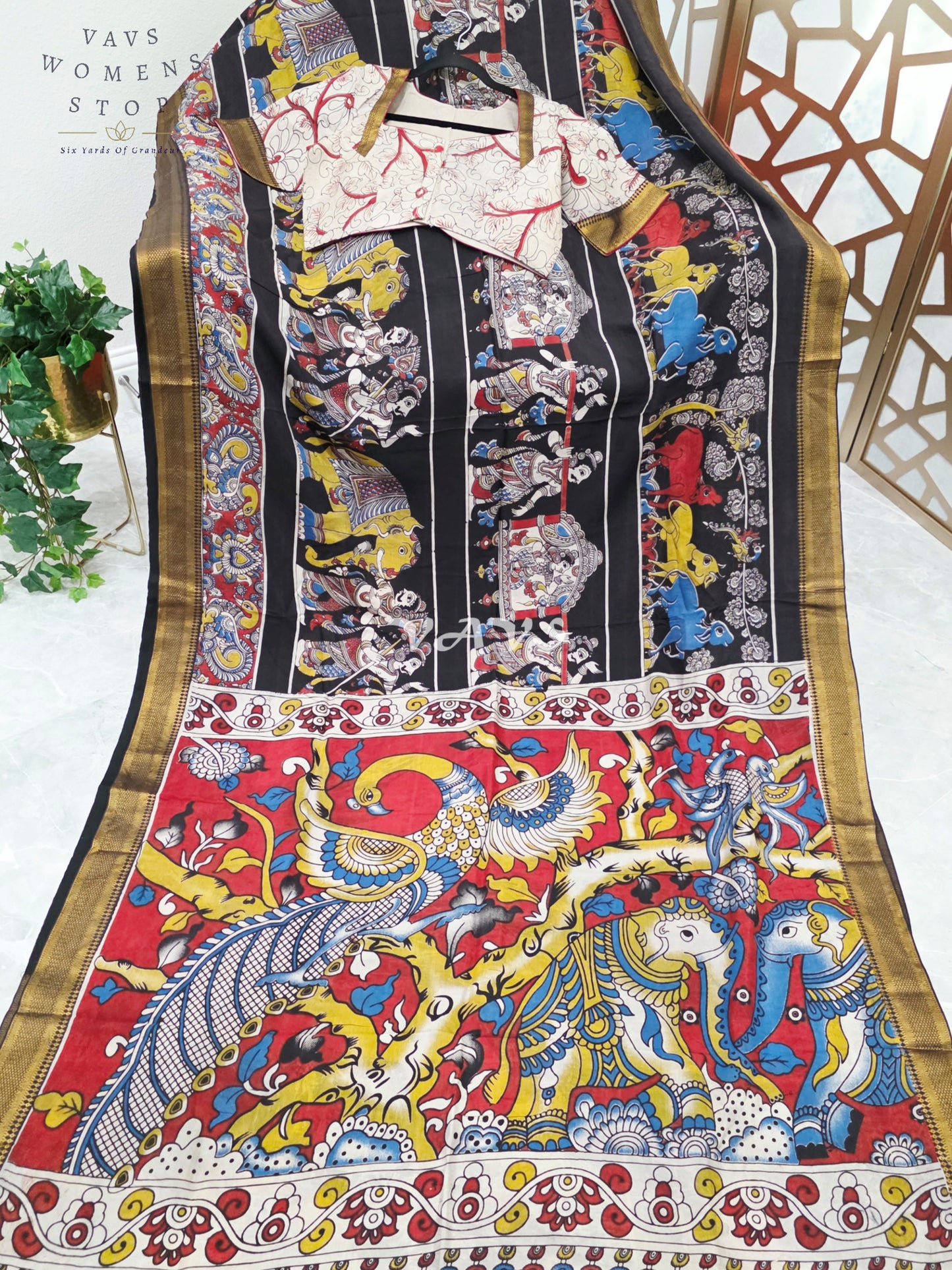 Regal Midnight Black Nizam Border Kalamkari Saree with Vermilion Heritage Pallu & Premium Stitched Blouse