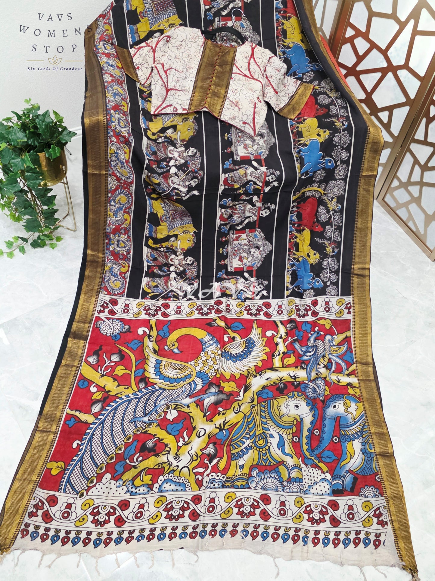 Regal Midnight Black Nizam Border Kalamkari Saree with Vermilion Heritage Pallu & Premium Stitched Blouse