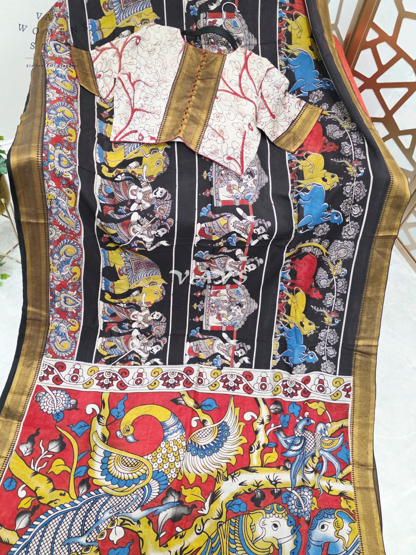 Regal Midnight Black Nizam Border Kalamkari Saree with Vermilion Heritage Pallu & Premium Stitched Blouse