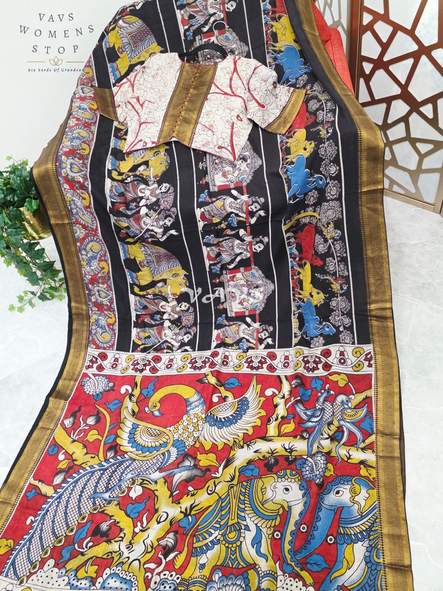 Regal Midnight Black Nizam Border Kalamkari Saree with Vermilion Heritage Pallu & Premium Stitched Blouse