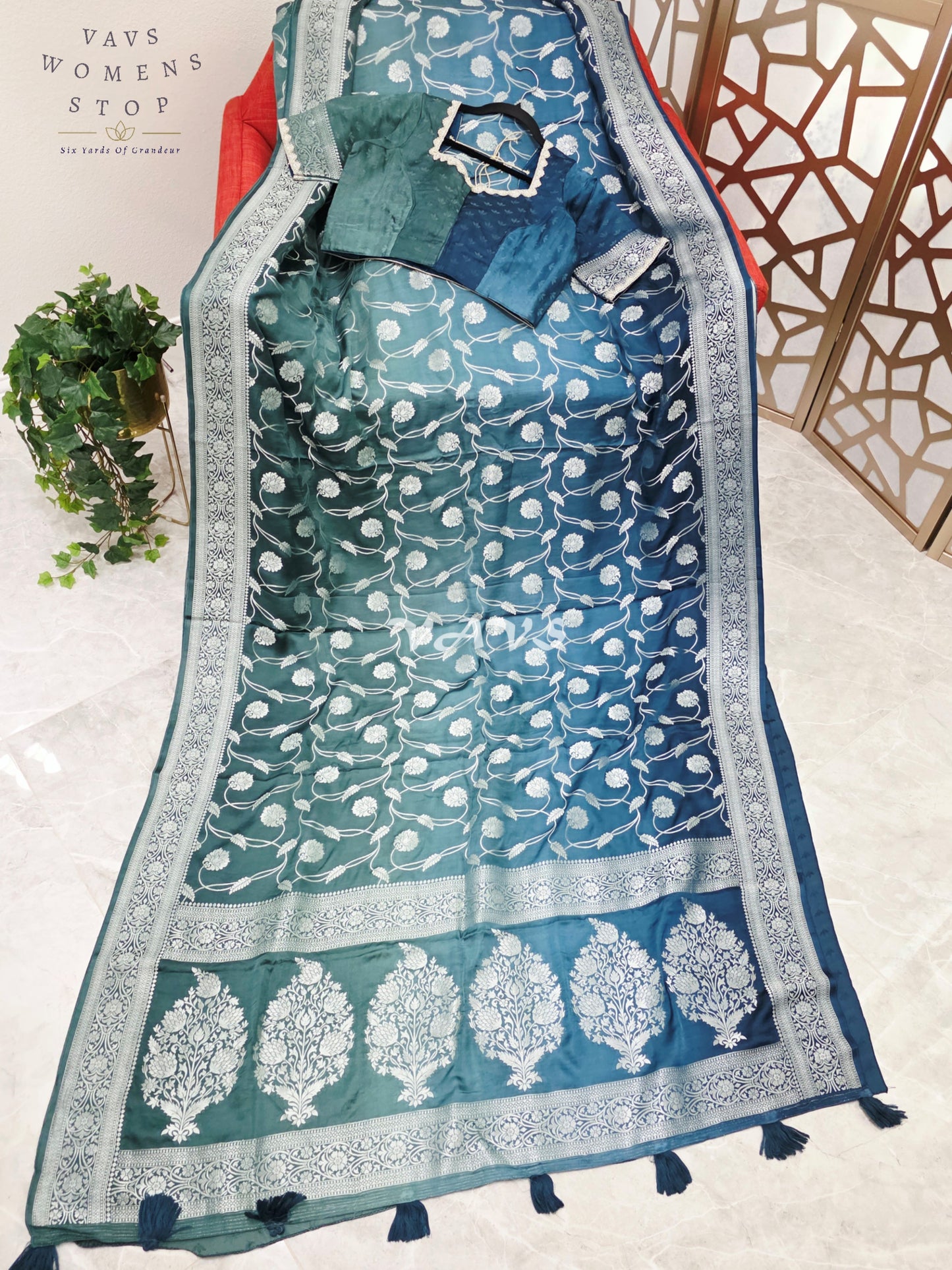 Regal Peacock Teal Ombré Munga Crepe Silk Saree with Silver Floral Weave & Stitched Designer Blouse
