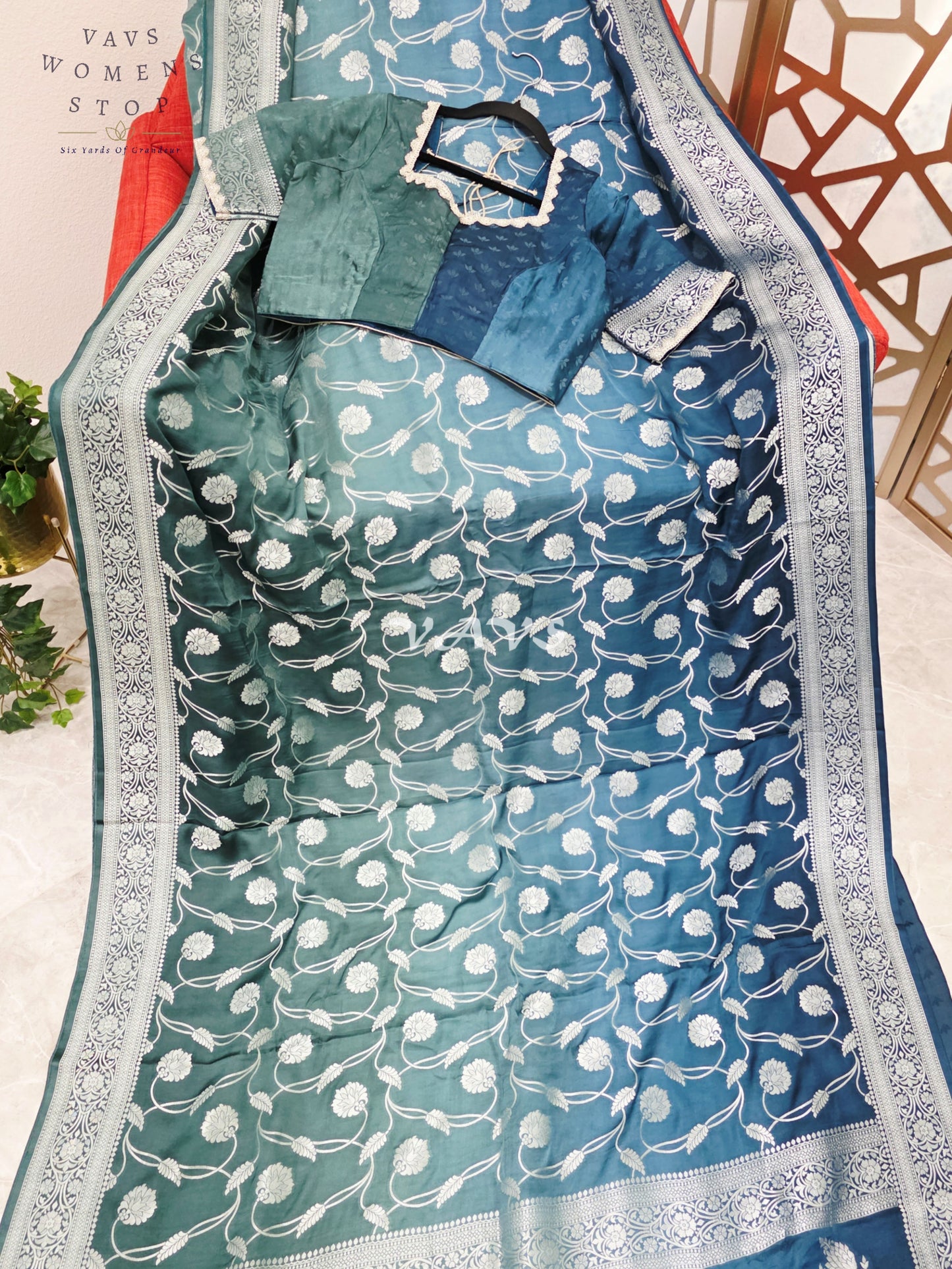 Regal Peacock Teal Ombré Munga Crepe Silk Saree with Silver Floral Weave & Stitched Designer Blouse