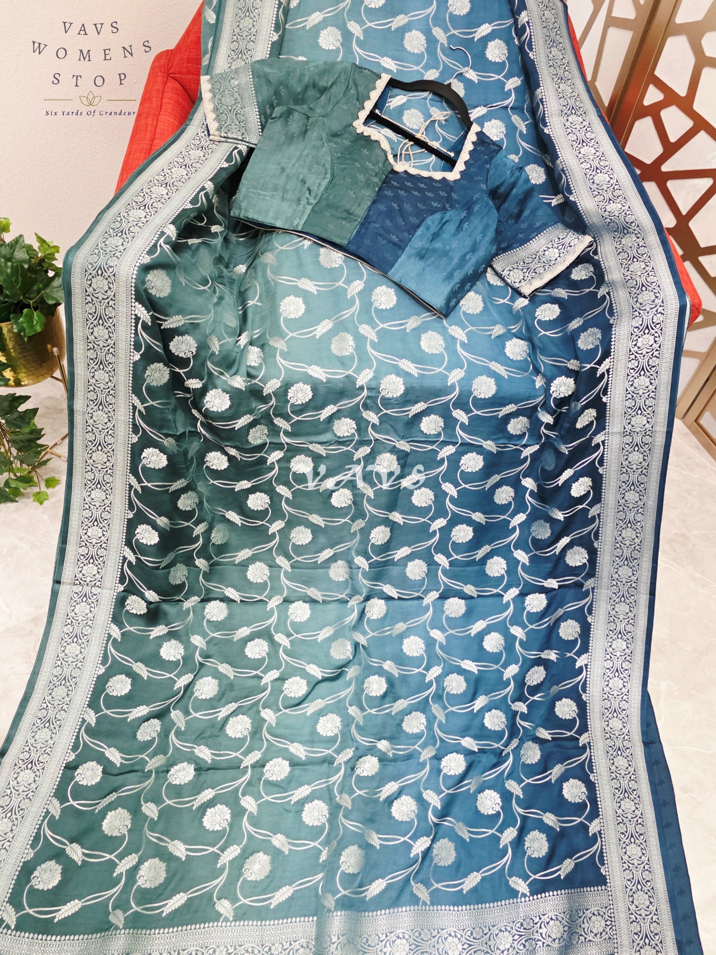 Regal Peacock Teal Ombré Munga Crepe Silk Saree with Silver Floral Weave & Stitched Designer Blouse