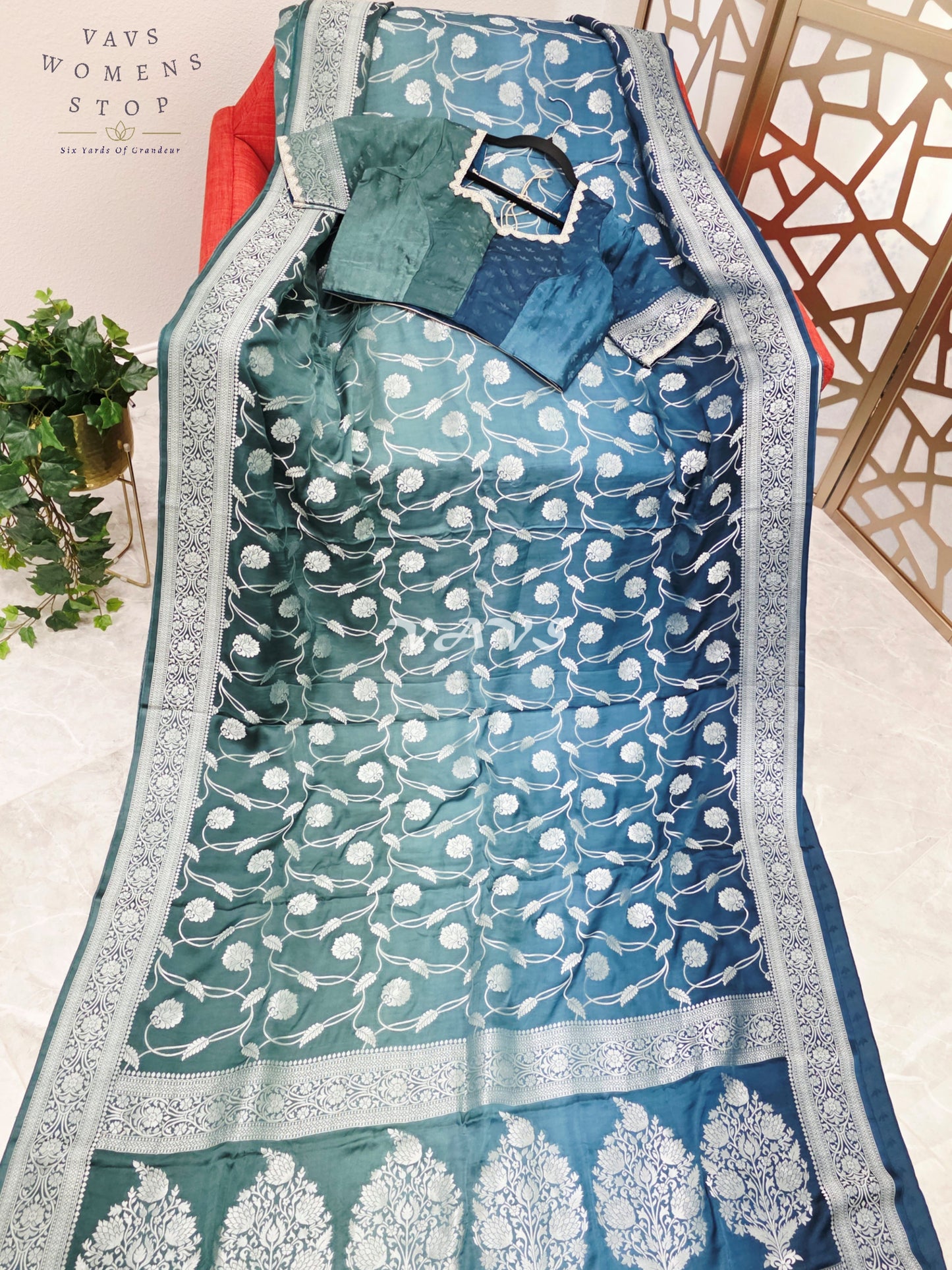 Regal Peacock Teal Ombré Munga Crepe Silk Saree with Silver Floral Weave & Stitched Designer Blouse