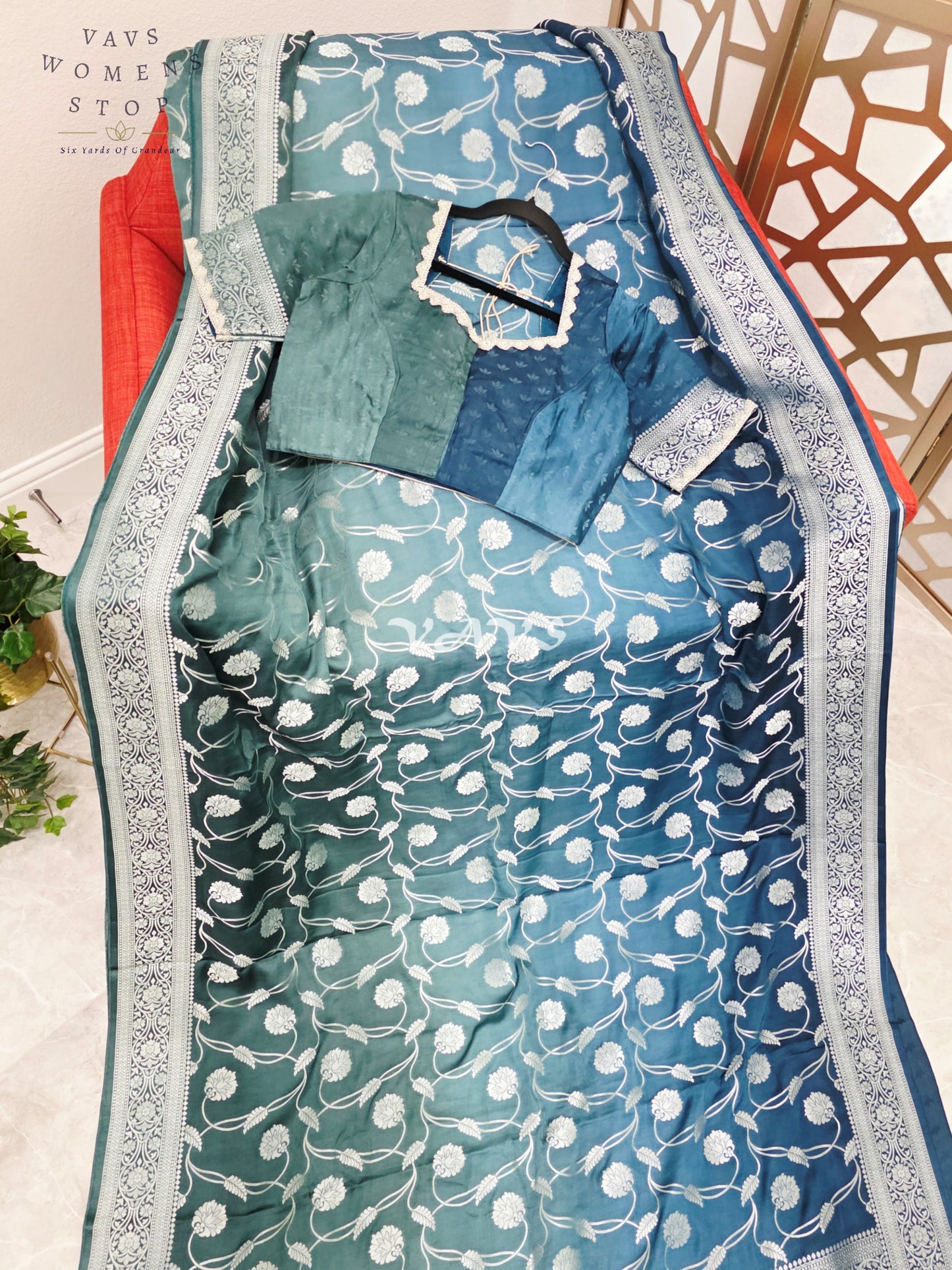 Regal Peacock Teal Ombré Munga Crepe Silk Saree with Silver Floral Weave & Stitched Designer Blouse
