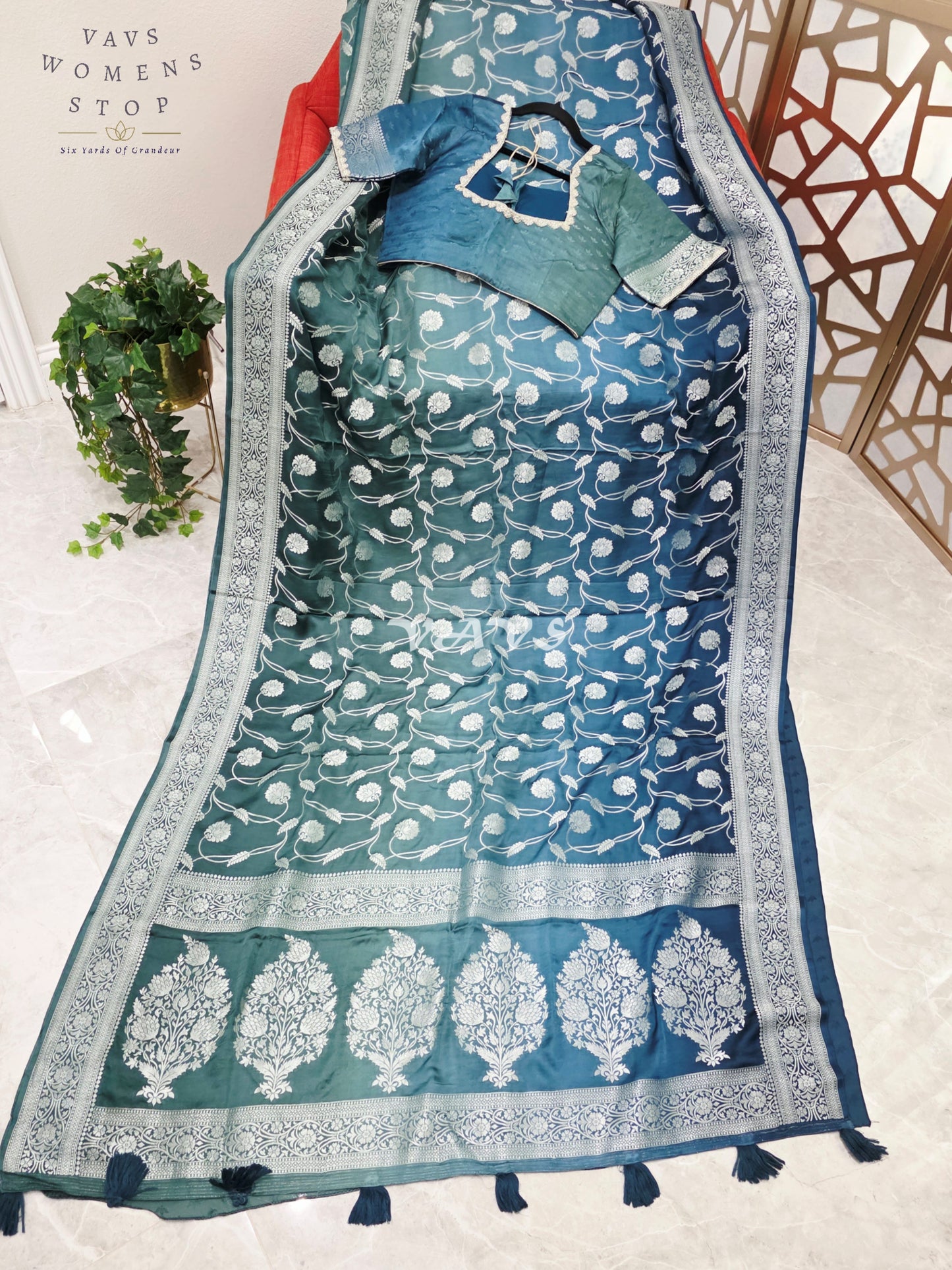 Regal Peacock Teal Ombré Munga Crepe Silk Saree with Silver Floral Weave & Stitched Designer Blouse