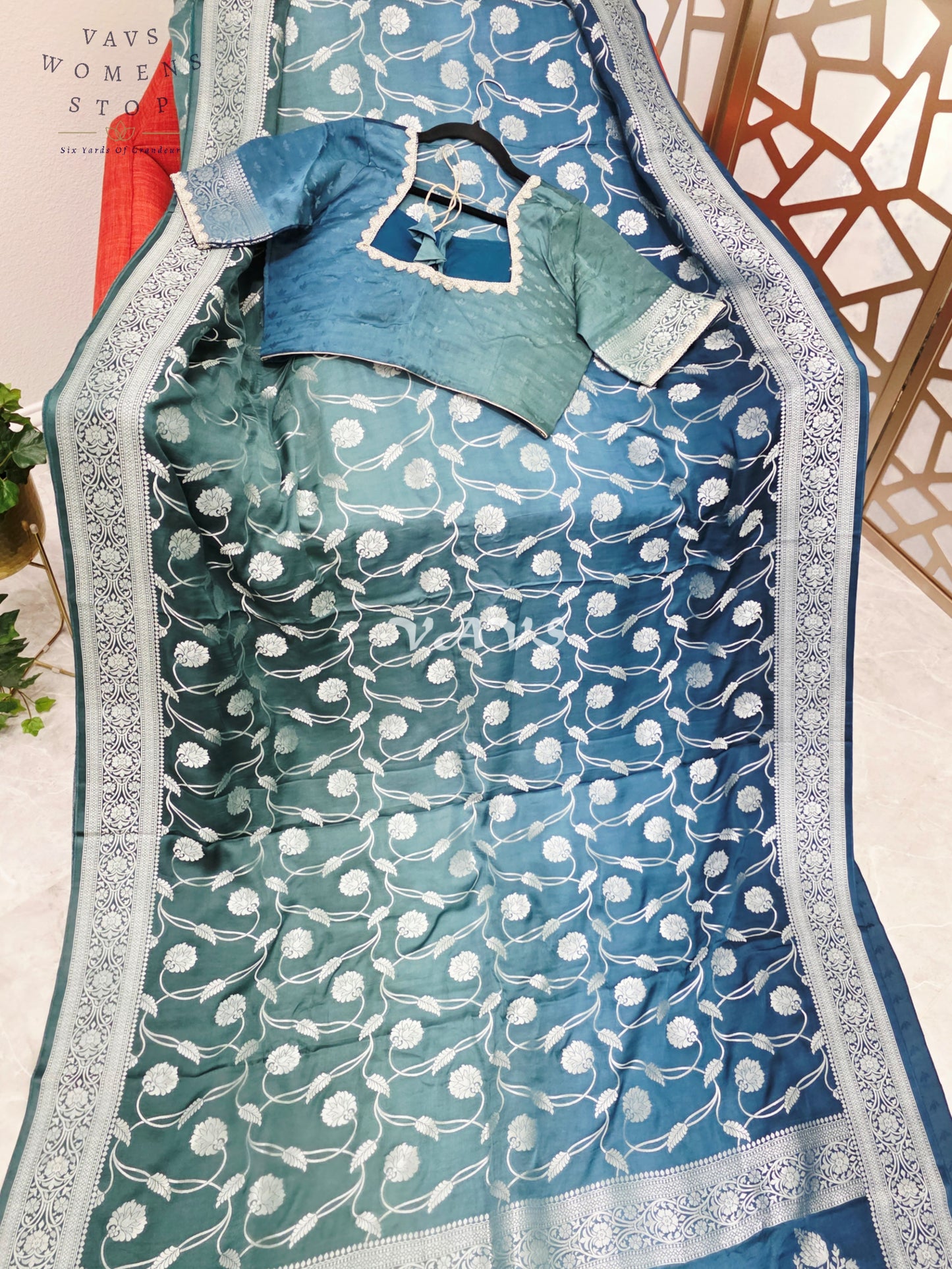 Regal Peacock Teal Ombré Munga Crepe Silk Saree with Silver Floral Weave & Stitched Designer Blouse