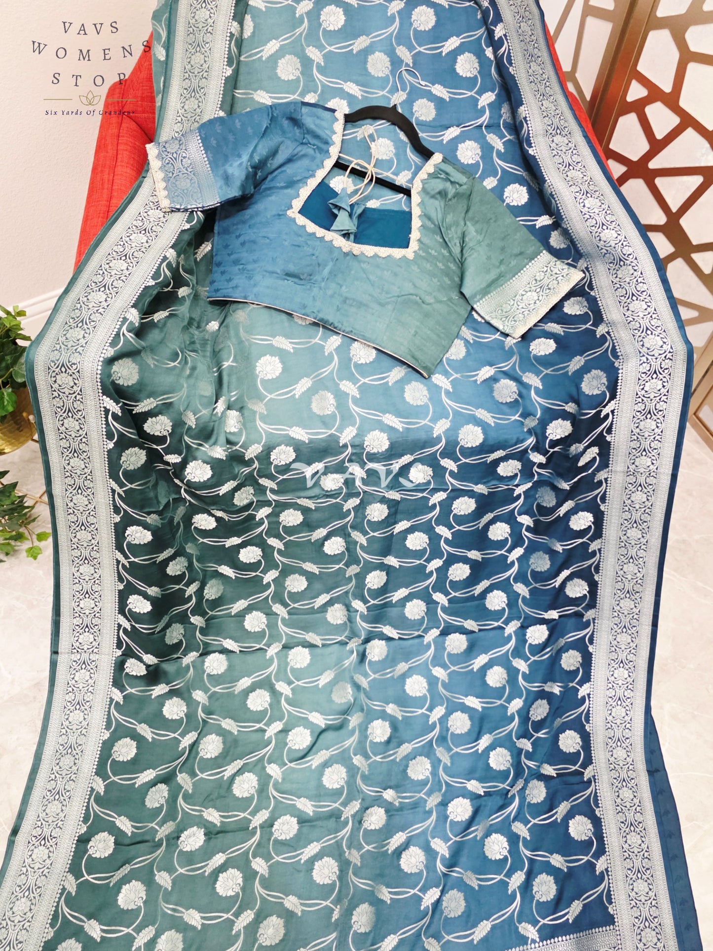 Regal Peacock Teal Ombré Munga Crepe Silk Saree with Silver Floral Weave & Stitched Designer Blouse