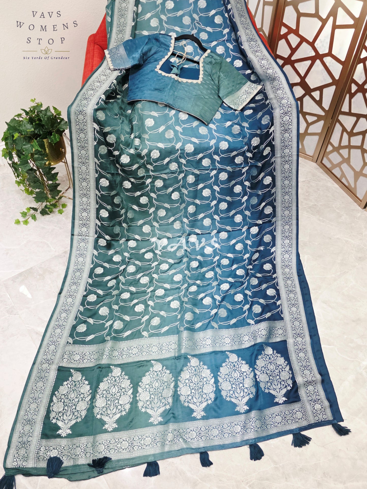 Regal Peacock Teal Ombré Munga Crepe Silk Saree with Silver Floral Weave & Stitched Designer Blouse