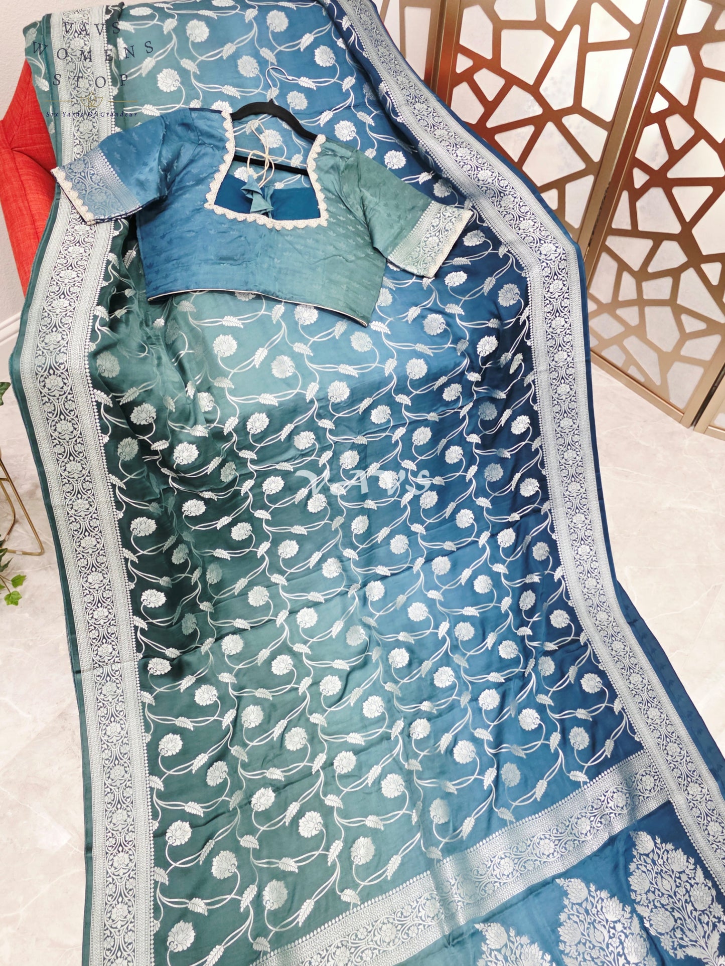 Regal Peacock Teal Ombré Munga Crepe Silk Saree with Silver Floral Weave & Stitched Designer Blouse