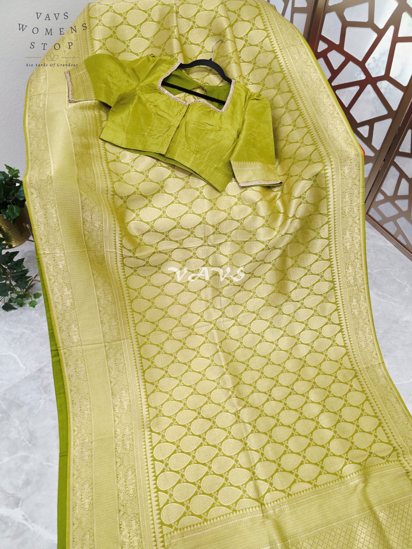 Regal Citron Olive Munga Banarasi Crepe Silk Saree with Antique Gold Paisley Weave & Stitched Blouse