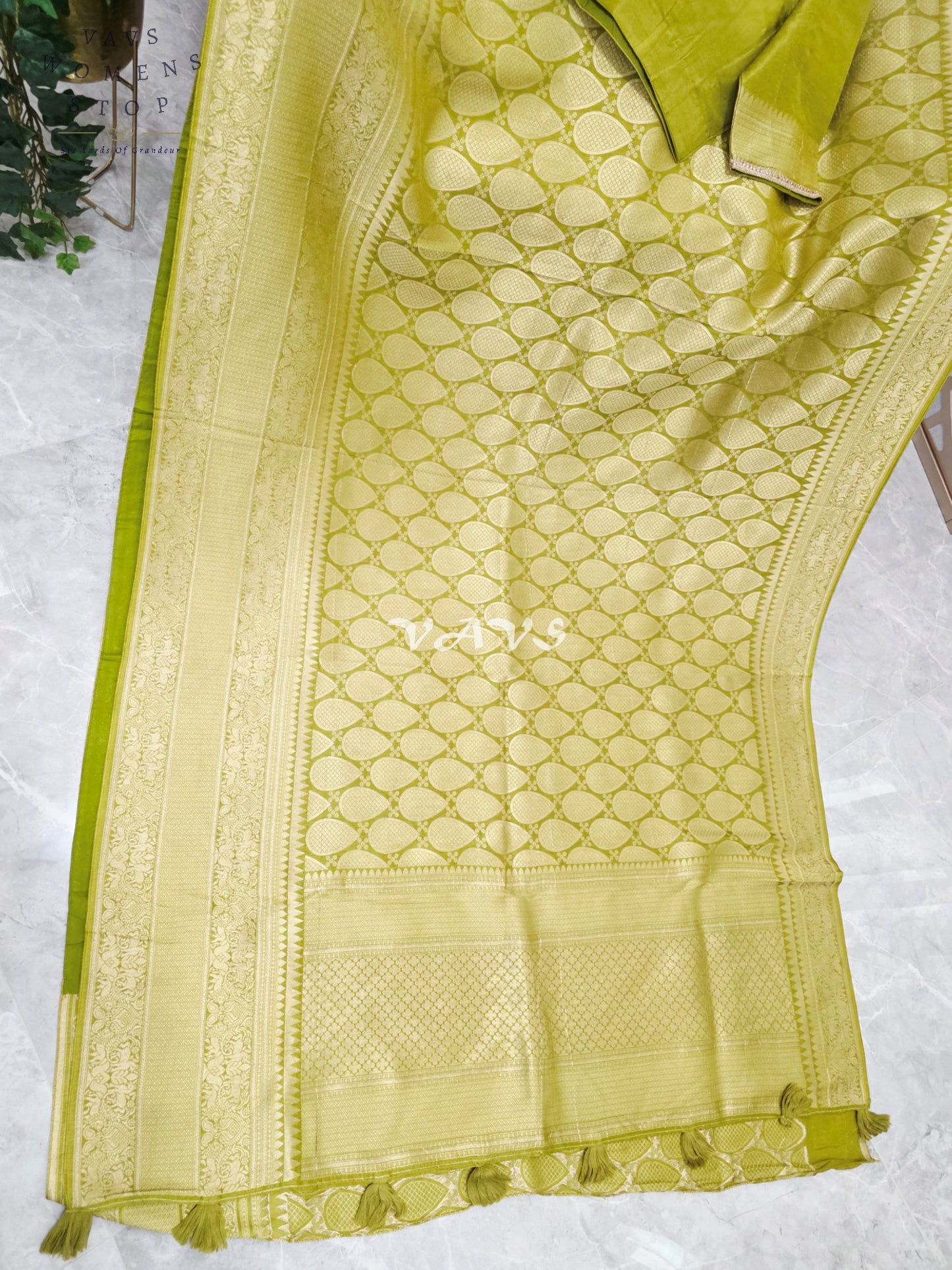 Regal Citron Olive Munga Banarasi Crepe Silk Saree with Antique Gold Paisley Weave & Stitched Blouse