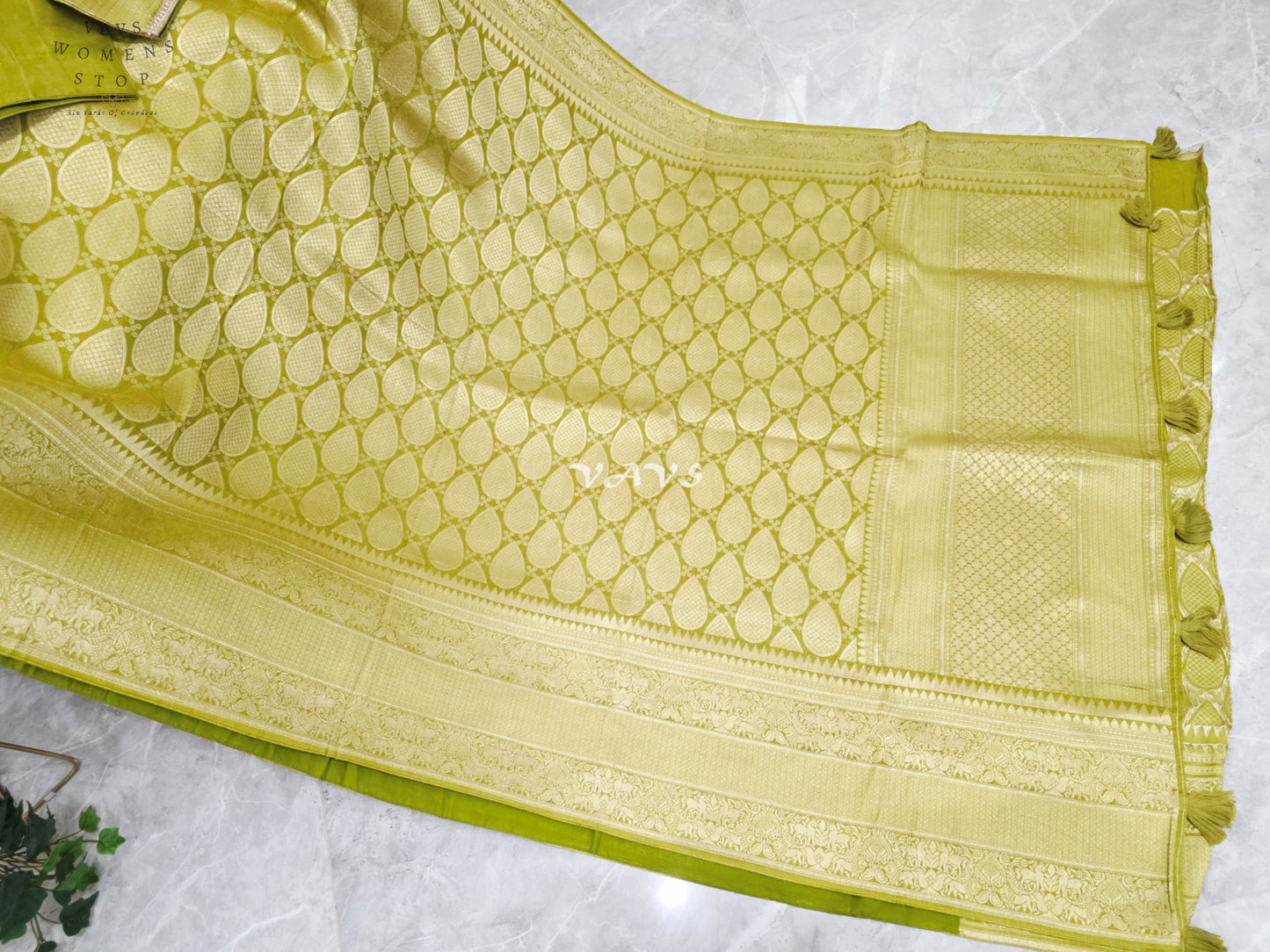 Regal Citron Olive Munga Banarasi Crepe Silk Saree with Antique Gold Paisley Weave & Stitched Blouse