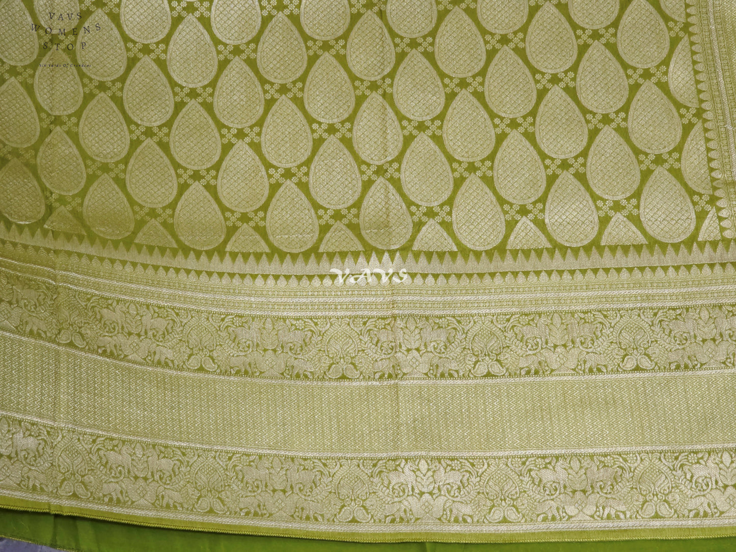 Regal Citron Olive Munga Banarasi Crepe Silk Saree with Antique Gold Paisley Weave & Stitched Blouse