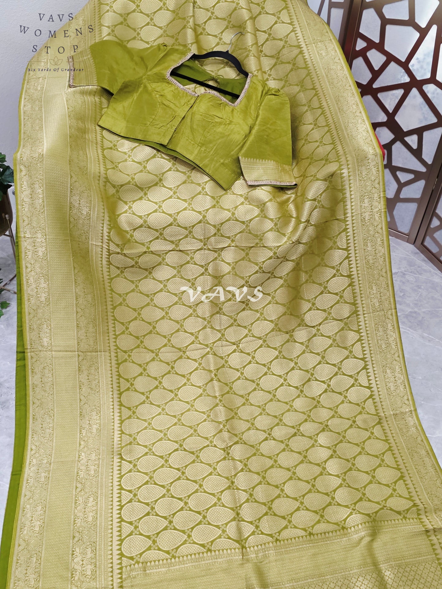 Regal Citron Olive Munga Banarasi Crepe Silk Saree with Antique Gold Paisley Weave & Stitched Blouse