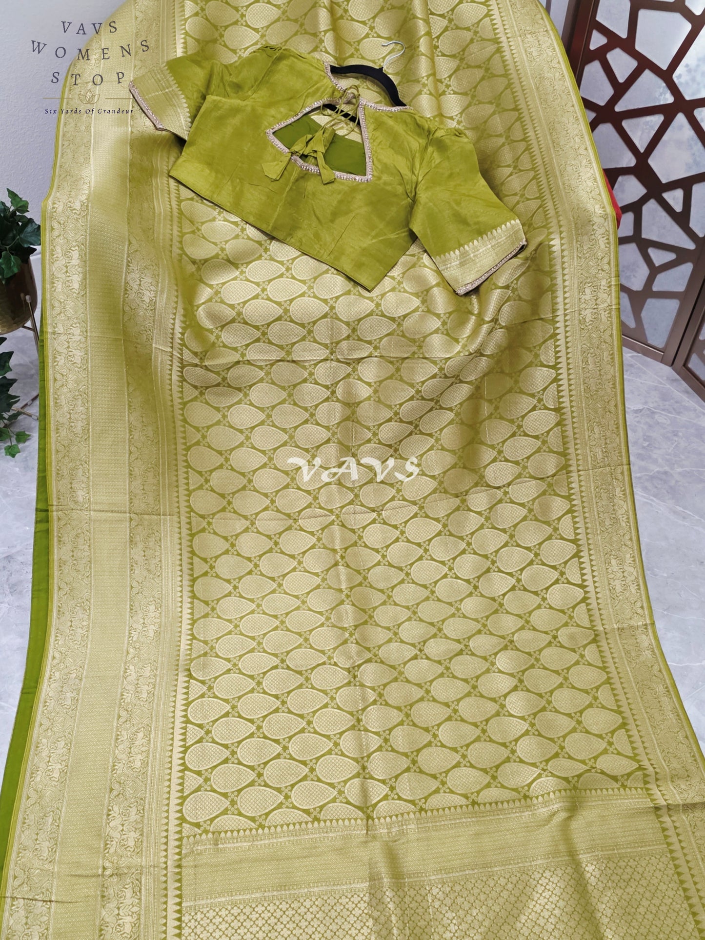 Regal Citron Olive Munga Banarasi Crepe Silk Saree with Antique Gold Paisley Weave & Stitched Blouse
