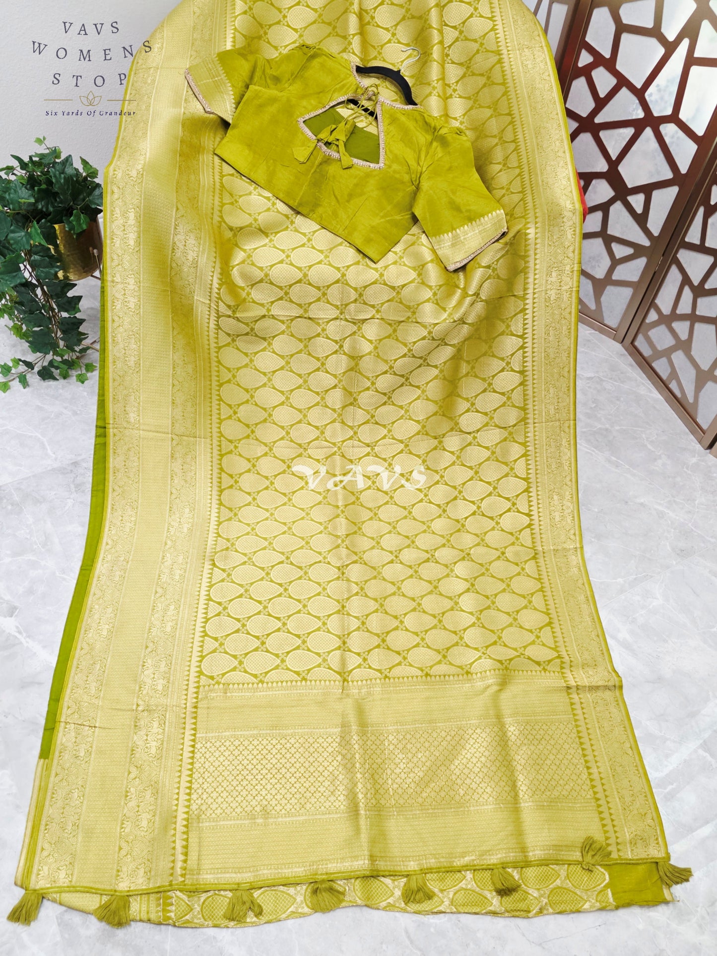 Regal Citron Olive Munga Banarasi Crepe Silk Saree with Antique Gold Paisley Weave & Stitched Blouse