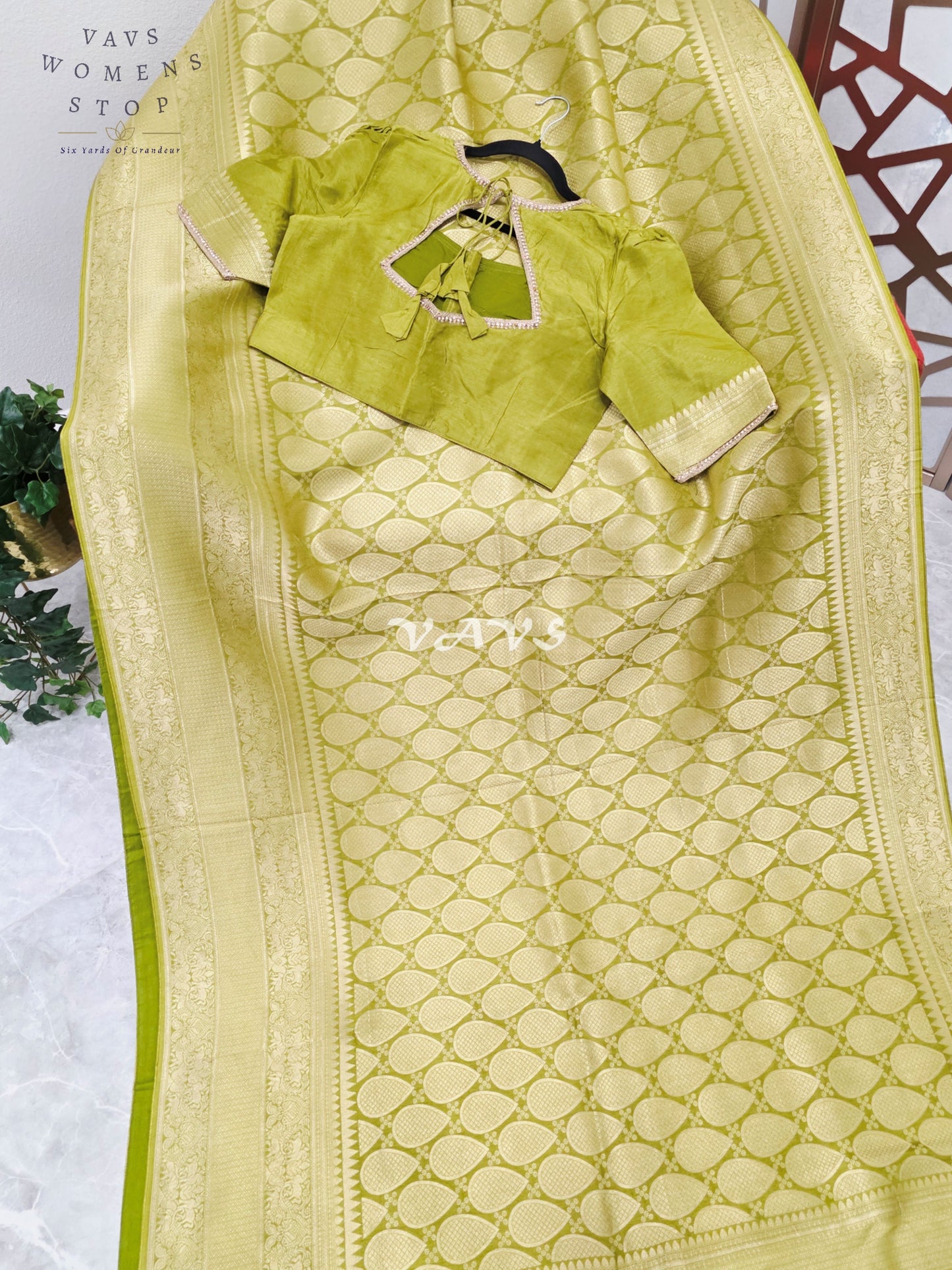 Regal Citron Olive Munga Banarasi Crepe Silk Saree with Antique Gold Paisley Weave & Stitched Blouse