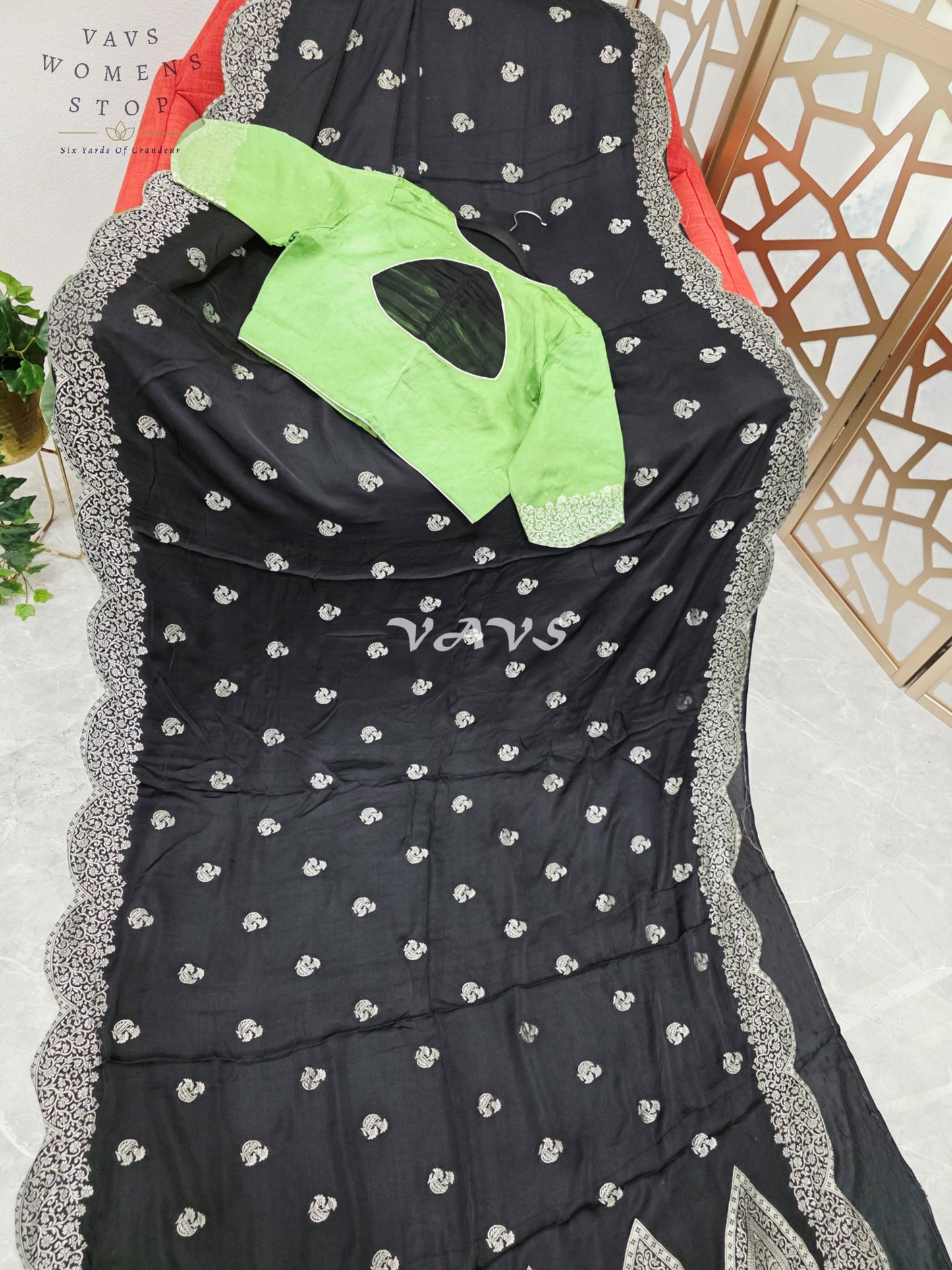 Regal Midnight Black Munga Banarasi Crepe Silk Saree with Antique Silver Zari Scallop Border & Lime Green Blouse