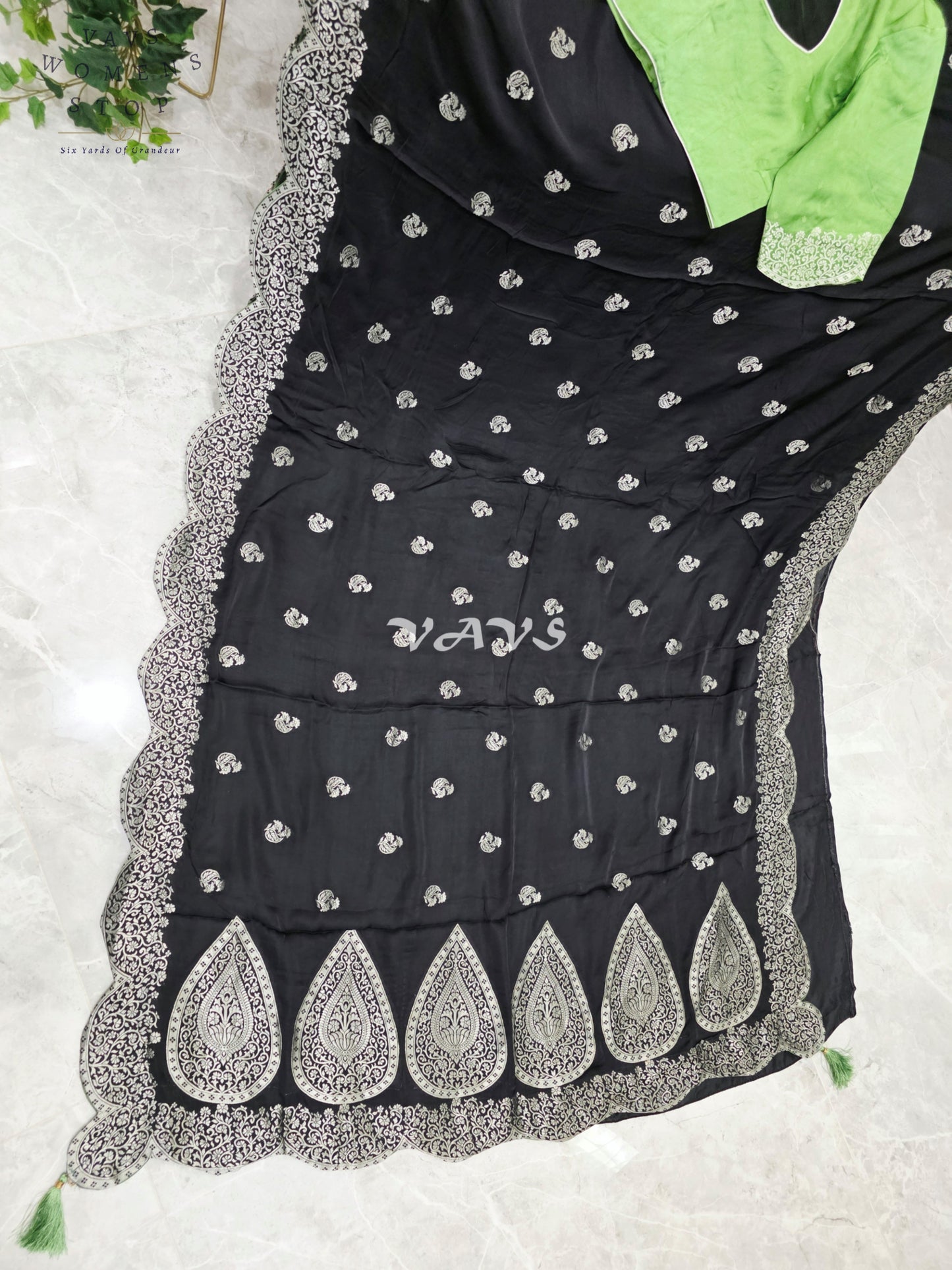 Regal Midnight Black Munga Banarasi Crepe Silk Saree with Antique Silver Zari Scallop Border & Lime Green Blouse
