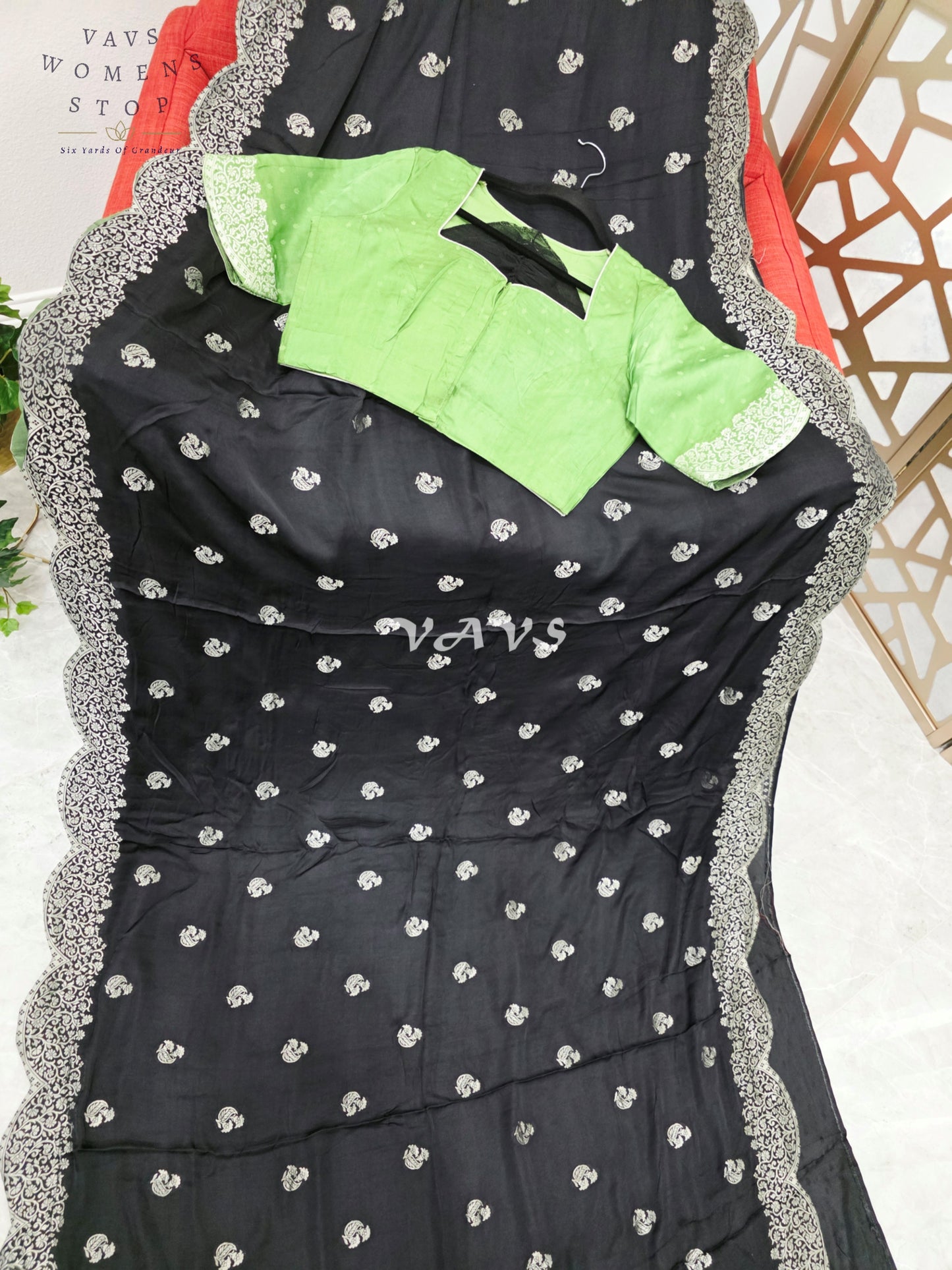 Regal Midnight Black Munga Banarasi Crepe Silk Saree with Antique Silver Zari Scallop Border & Lime Green Blouse