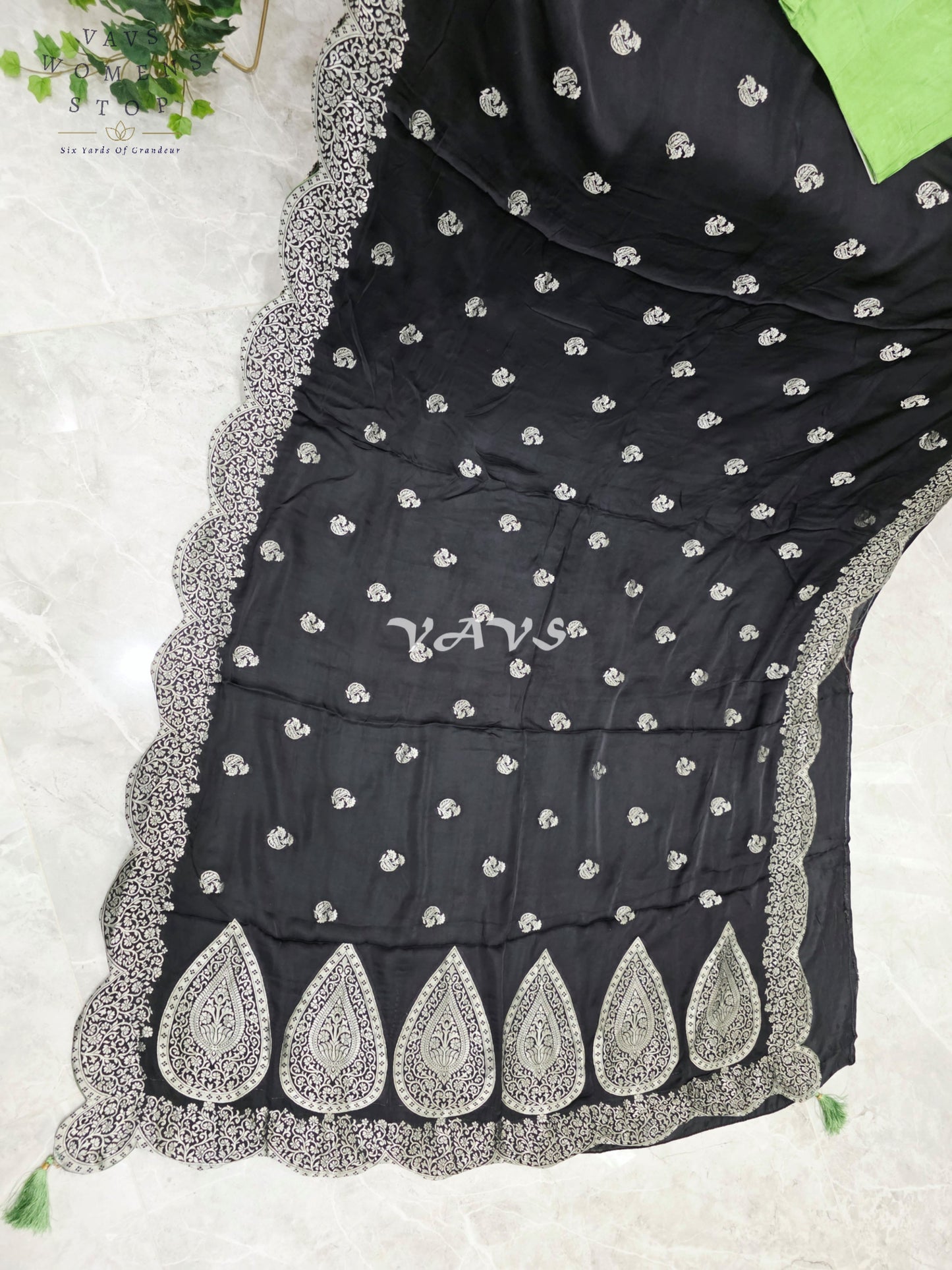 Regal Midnight Black Munga Banarasi Crepe Silk Saree with Antique Silver Zari Scallop Border & Lime Green Blouse