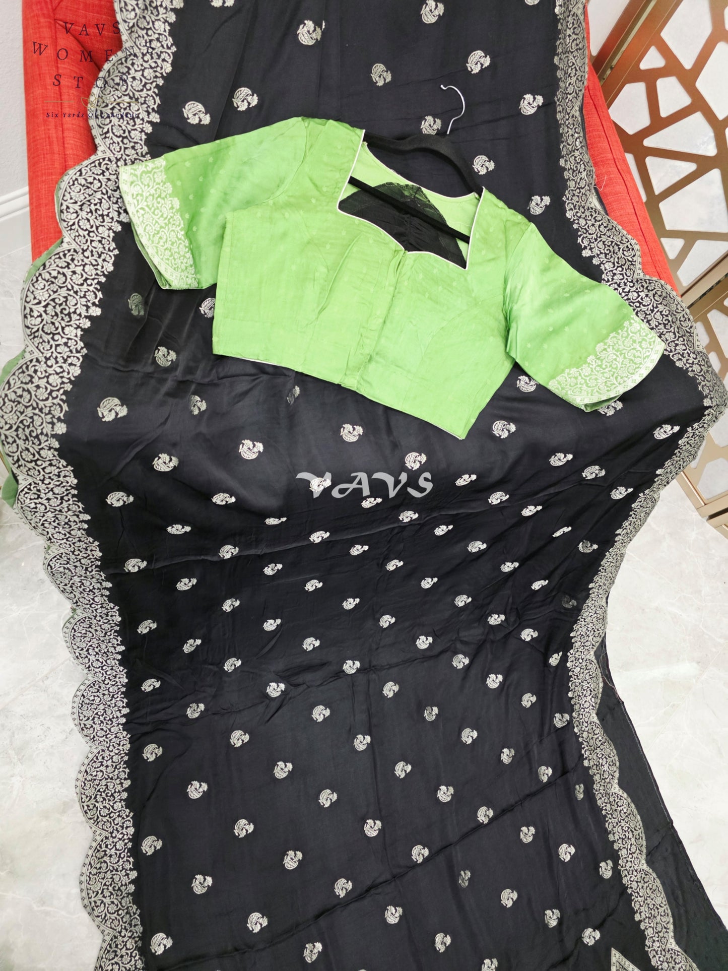Regal Midnight Black Munga Banarasi Crepe Silk Saree with Antique Silver Zari Scallop Border & Lime Green Blouse