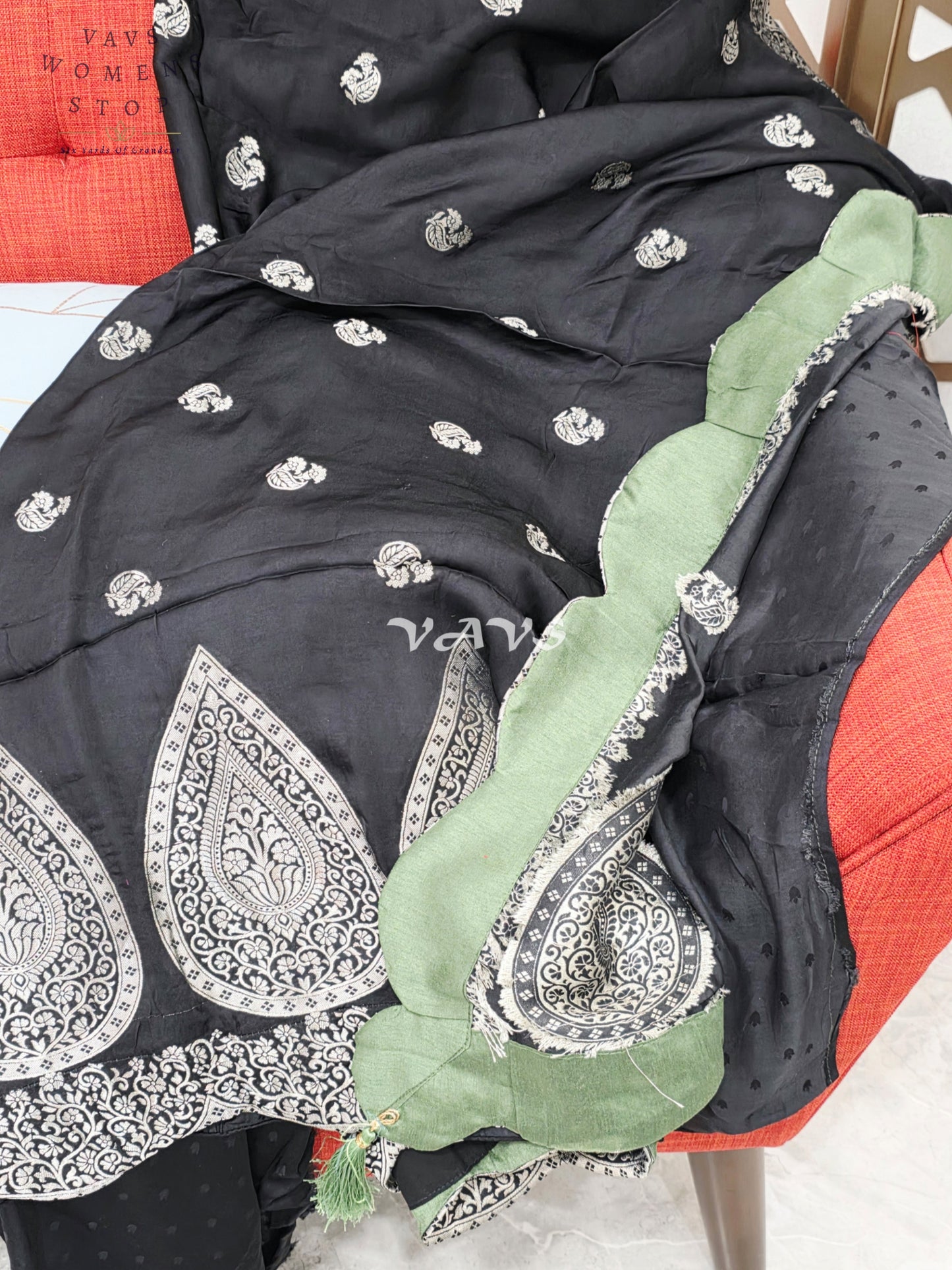 Regal Midnight Black Munga Banarasi Crepe Silk Saree with Antique Silver Zari Scallop Border & Lime Green Blouse