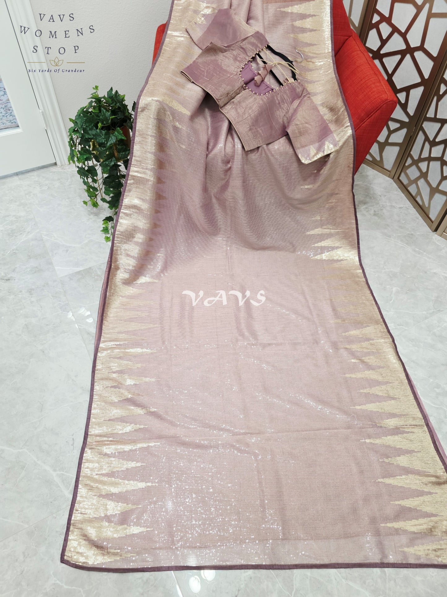 Regal Rose Taupe Metallic Tissue Sequin Saree with Antique Gold Temple Border & Designer Stitched Blouse