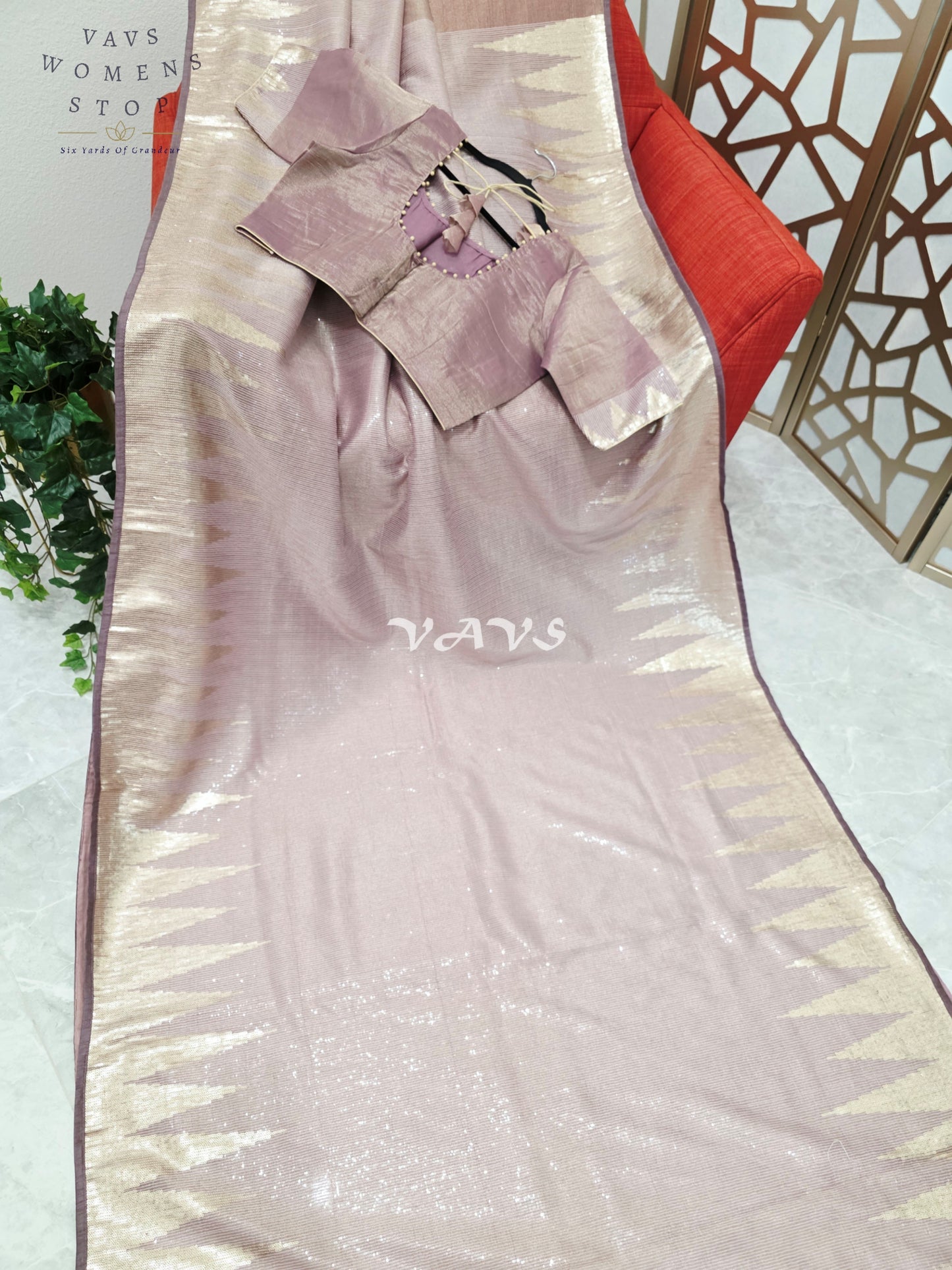 Regal Rose Taupe Metallic Tissue Sequin Saree with Antique Gold Temple Border & Designer Stitched Blouse