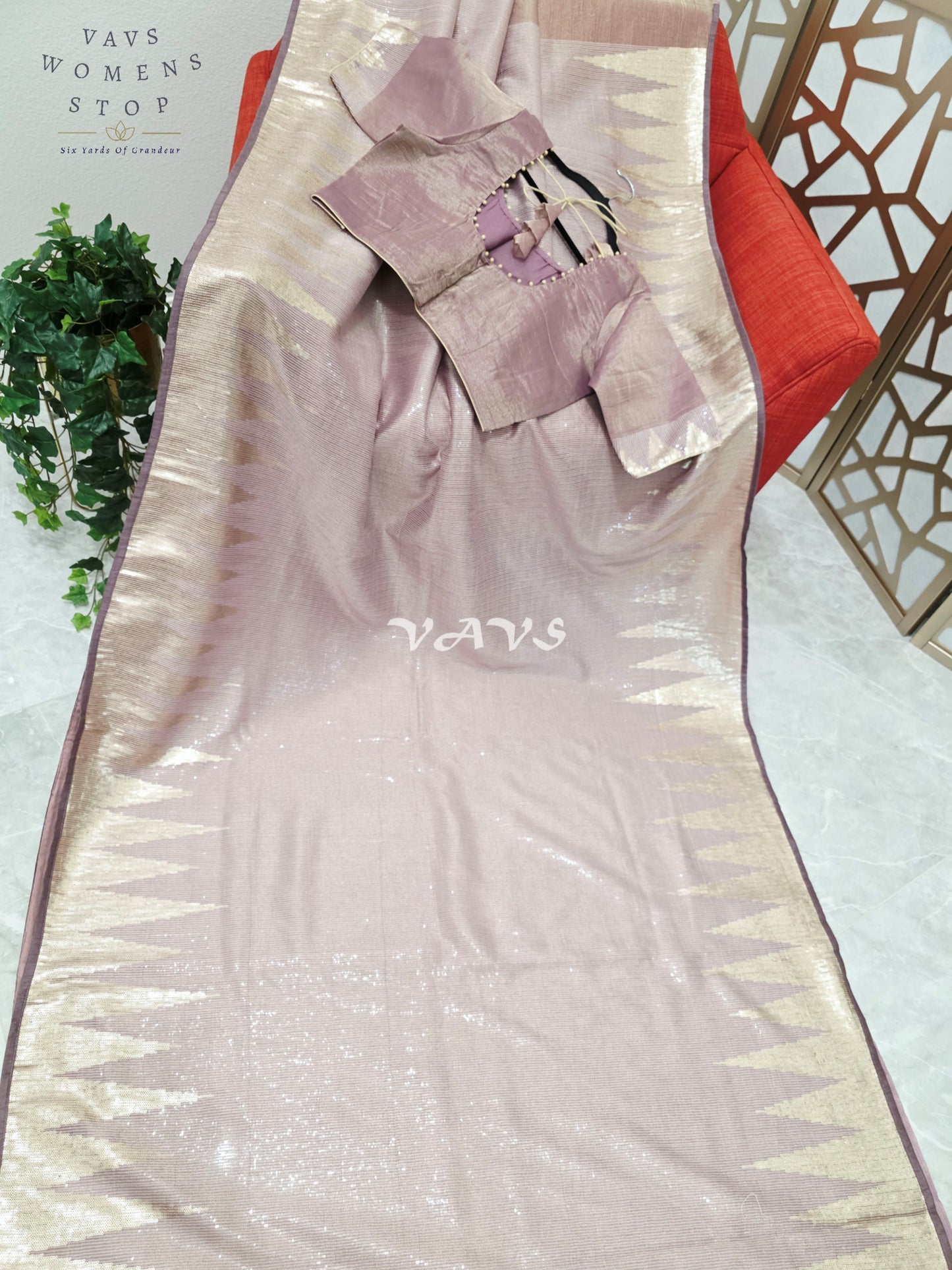 Regal Rose Taupe Metallic Tissue Sequin Saree with Antique Gold Temple Border & Designer Stitched Blouse