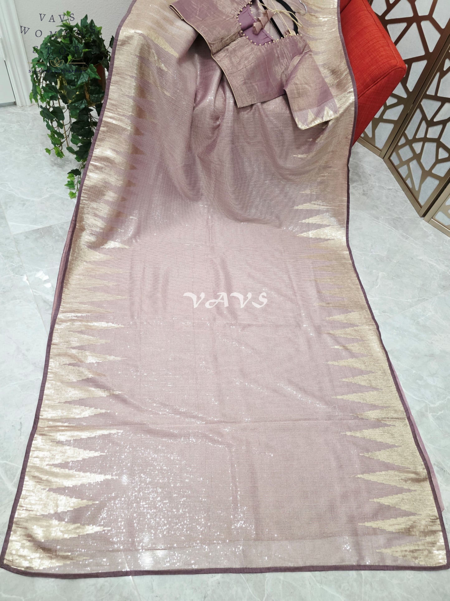 Regal Rose Taupe Metallic Tissue Sequin Saree with Antique Gold Temple Border & Designer Stitched Blouse