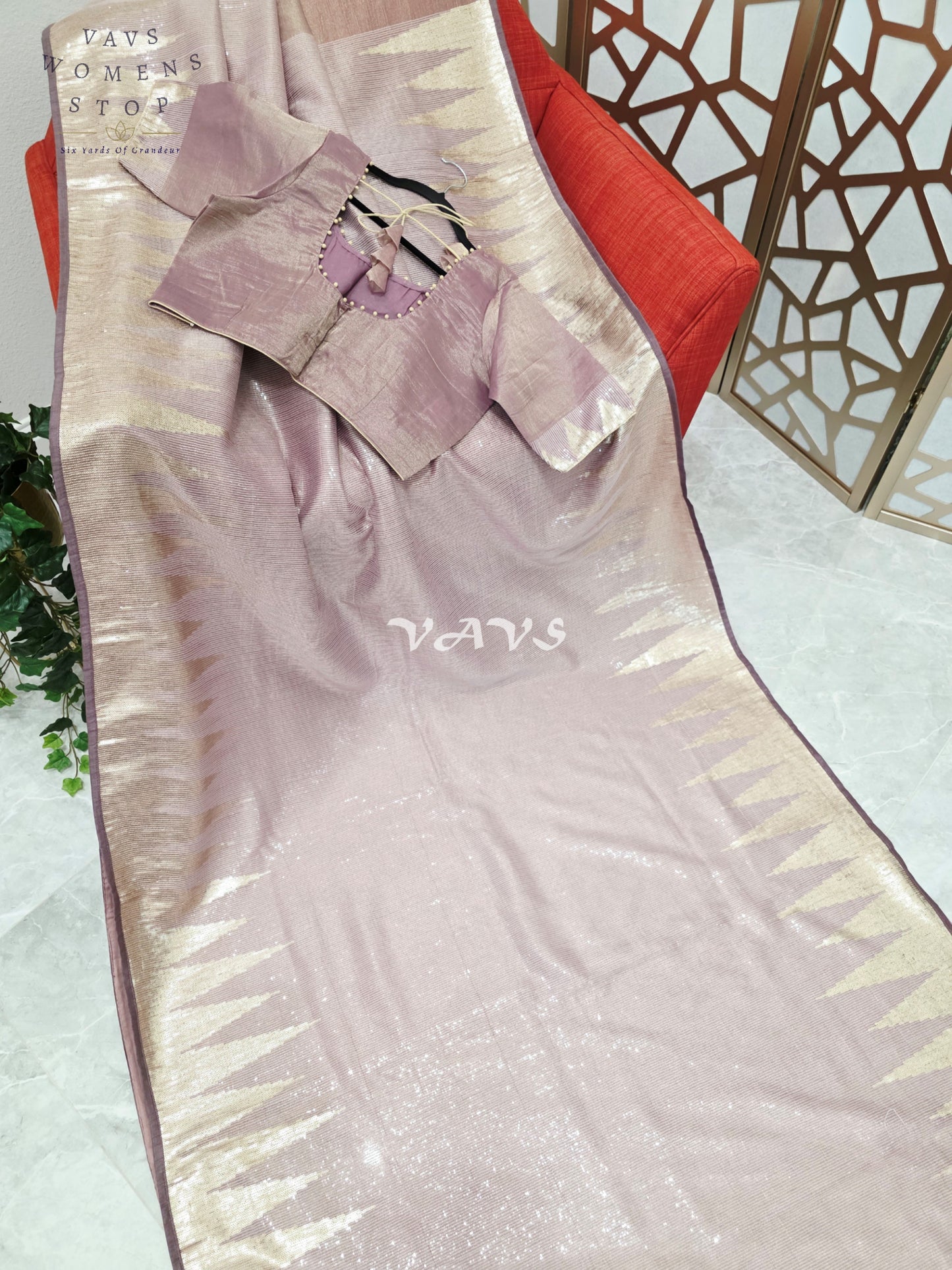 Regal Rose Taupe Metallic Tissue Sequin Saree with Antique Gold Temple Border & Designer Stitched Blouse