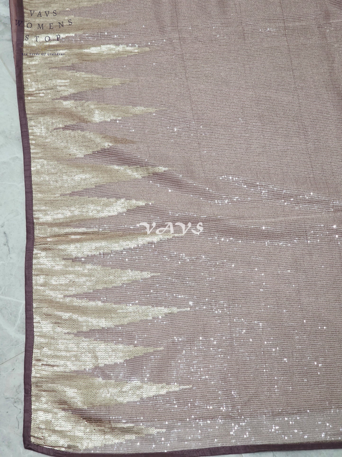 Regal Rose Taupe Metallic Tissue Sequin Saree with Antique Gold Temple Border & Designer Stitched Blouse