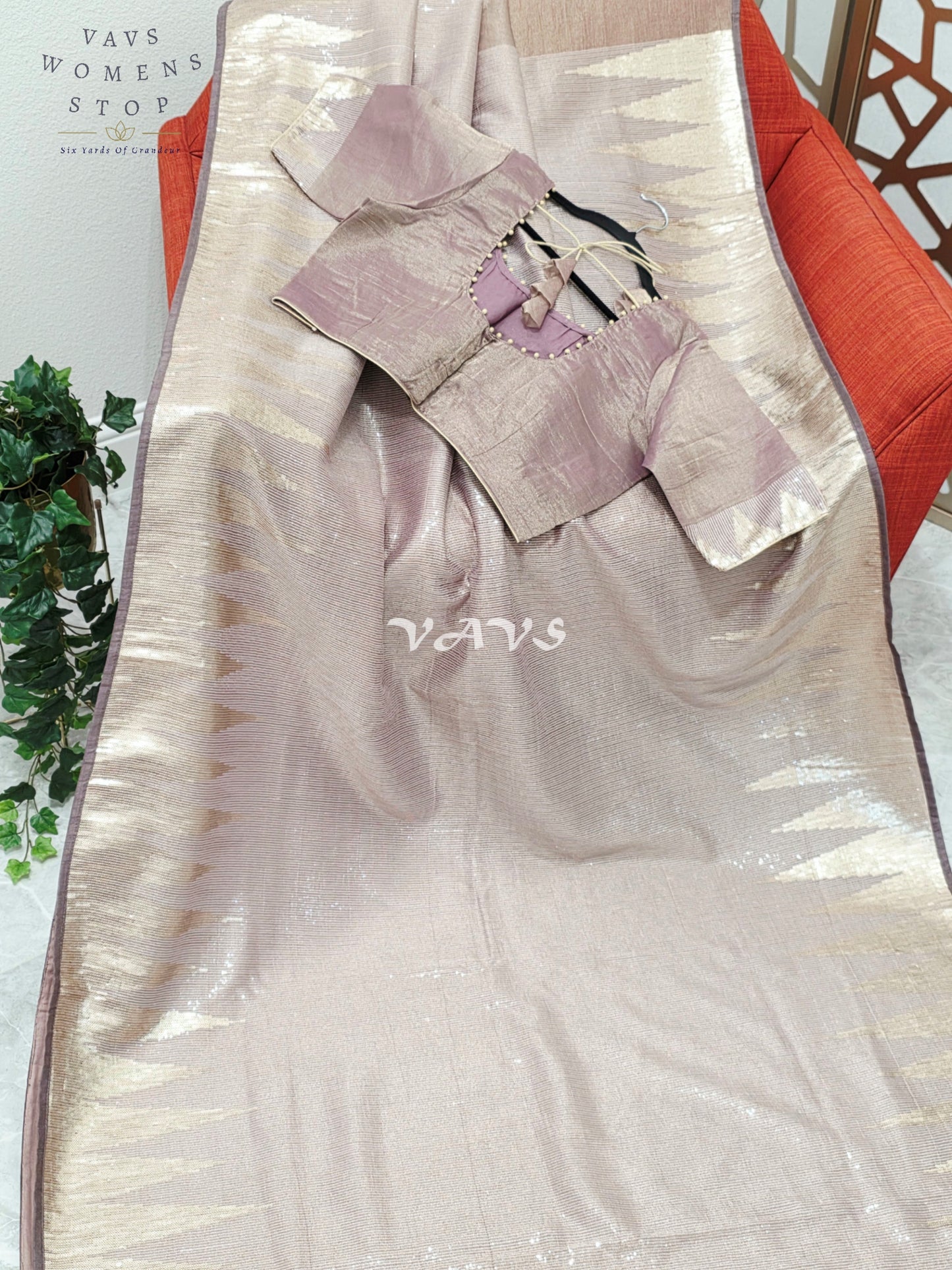 Regal Rose Taupe Metallic Tissue Sequin Saree with Antique Gold Temple Border & Designer Stitched Blouse
