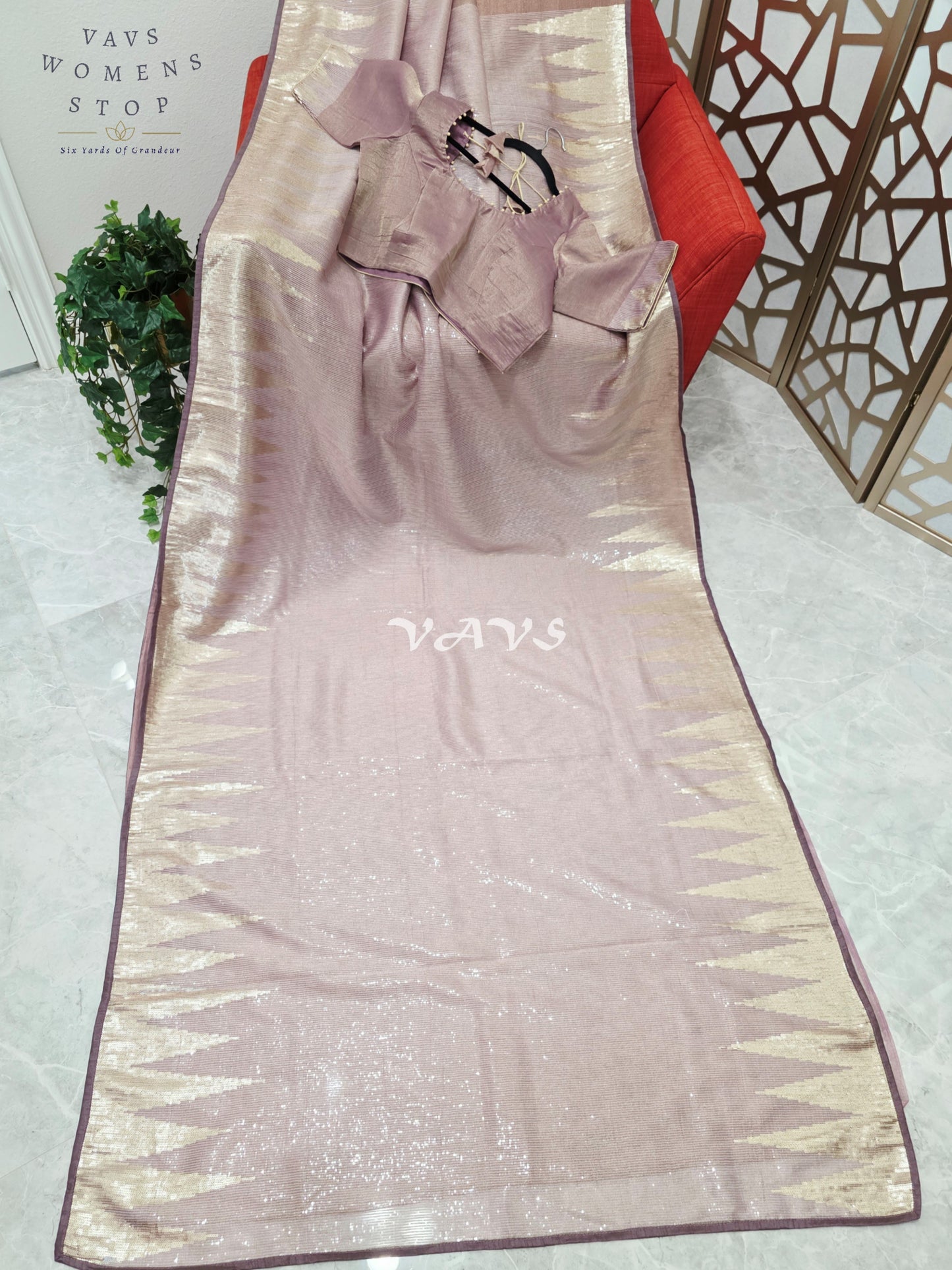 Regal Rose Taupe Metallic Tissue Sequin Saree with Antique Gold Temple Border & Designer Stitched Blouse