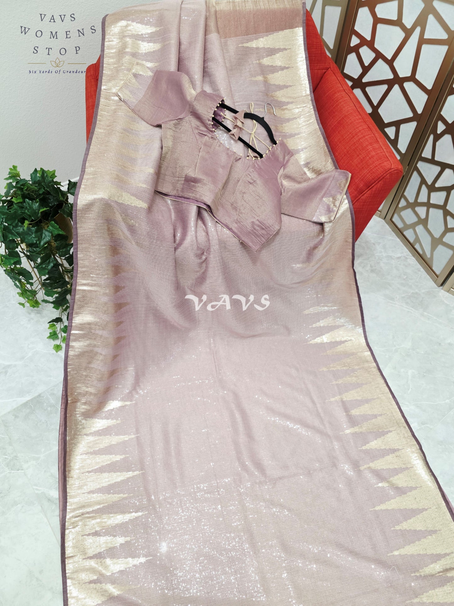 Regal Rose Taupe Metallic Tissue Sequin Saree with Antique Gold Temple Border & Designer Stitched Blouse