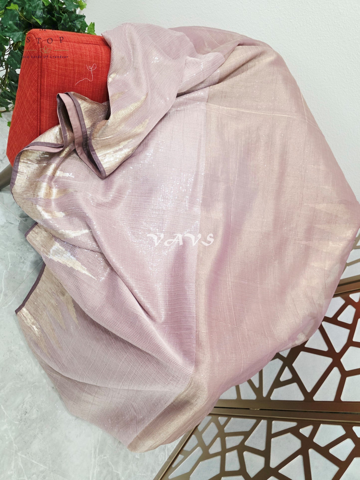 Regal Rose Taupe Metallic Tissue Sequin Saree with Antique Gold Temple Border & Designer Stitched Blouse
