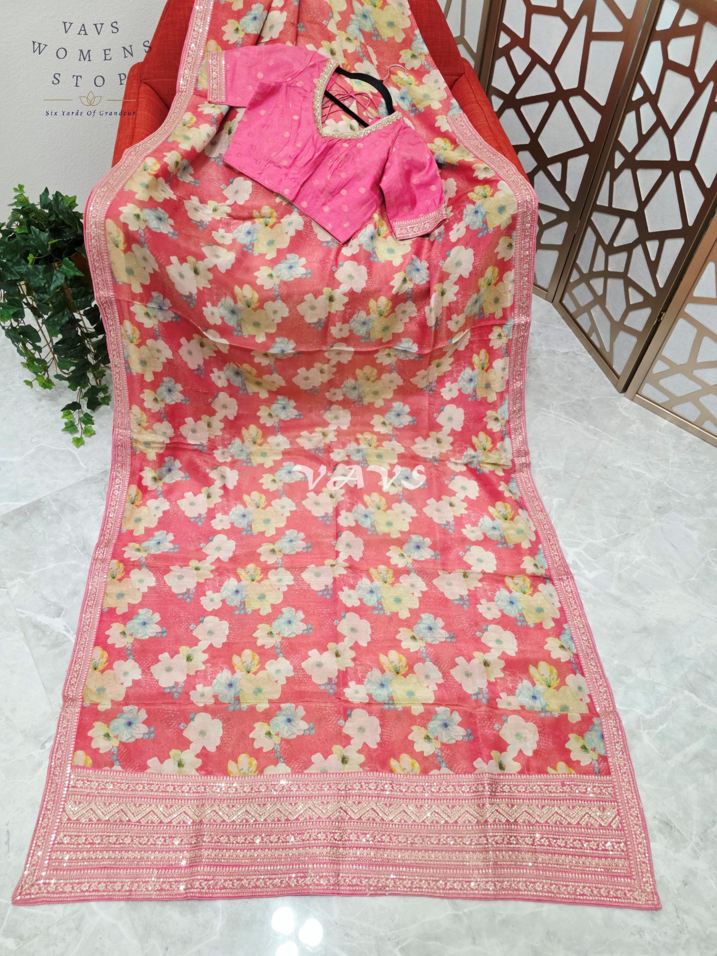 Regal Coral Rose Viscose Crepe Silk Tissue Saree with Pastel Floral Print, Embellished Lace Border & Rani Pink Blouse