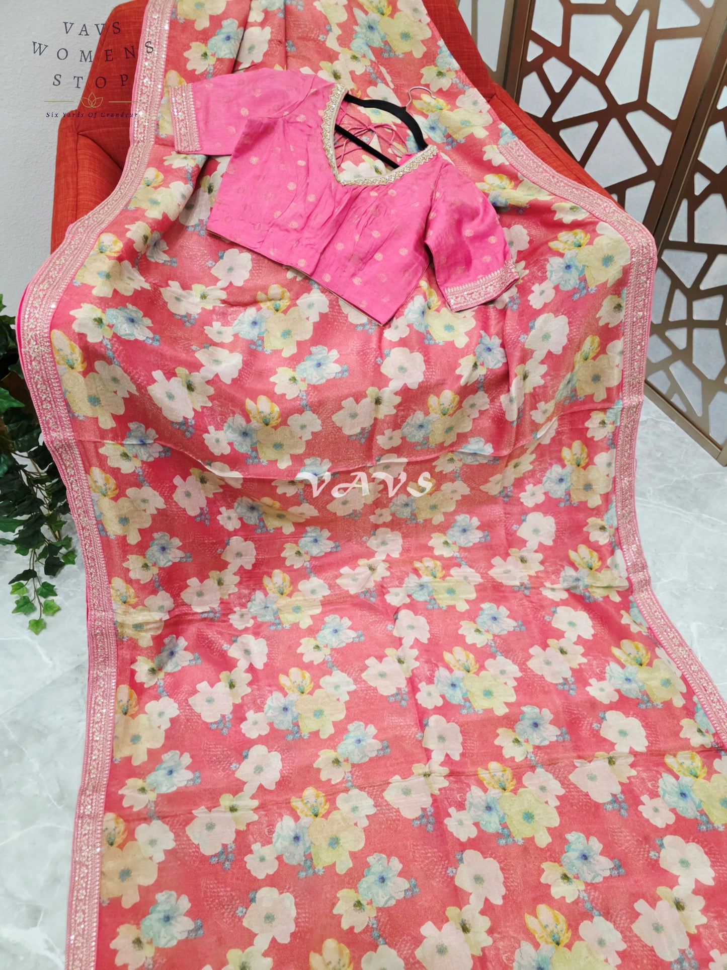 Regal Coral Rose Viscose Crepe Silk Tissue Saree with Pastel Floral Print, Embellished Lace Border & Rani Pink Blouse