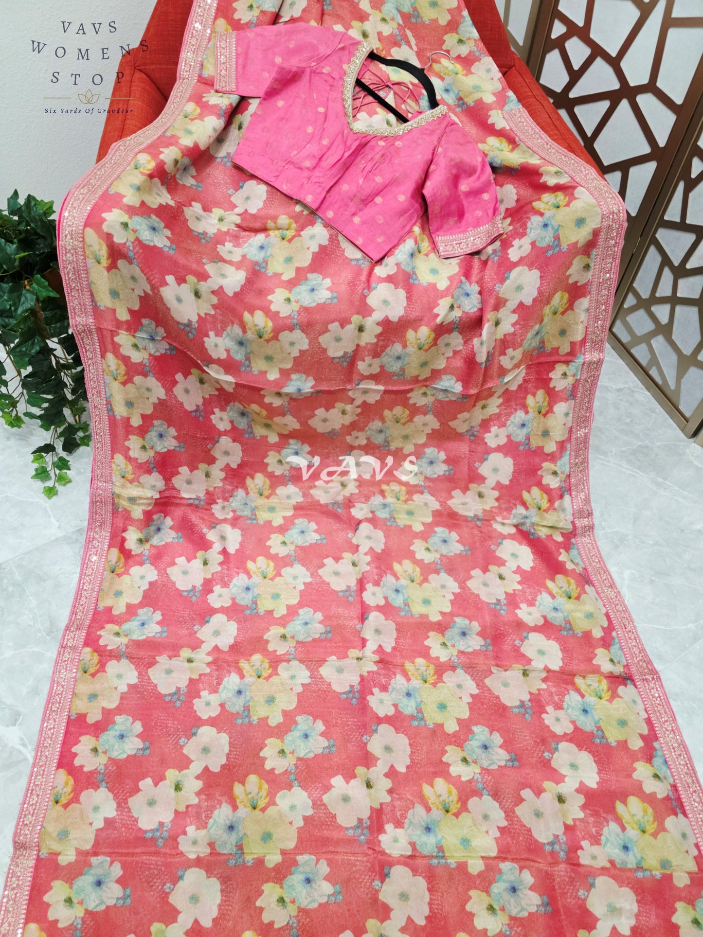 Regal Coral Rose Viscose Crepe Silk Tissue Saree with Pastel Floral Print, Embellished Lace Border & Rani Pink Blouse
