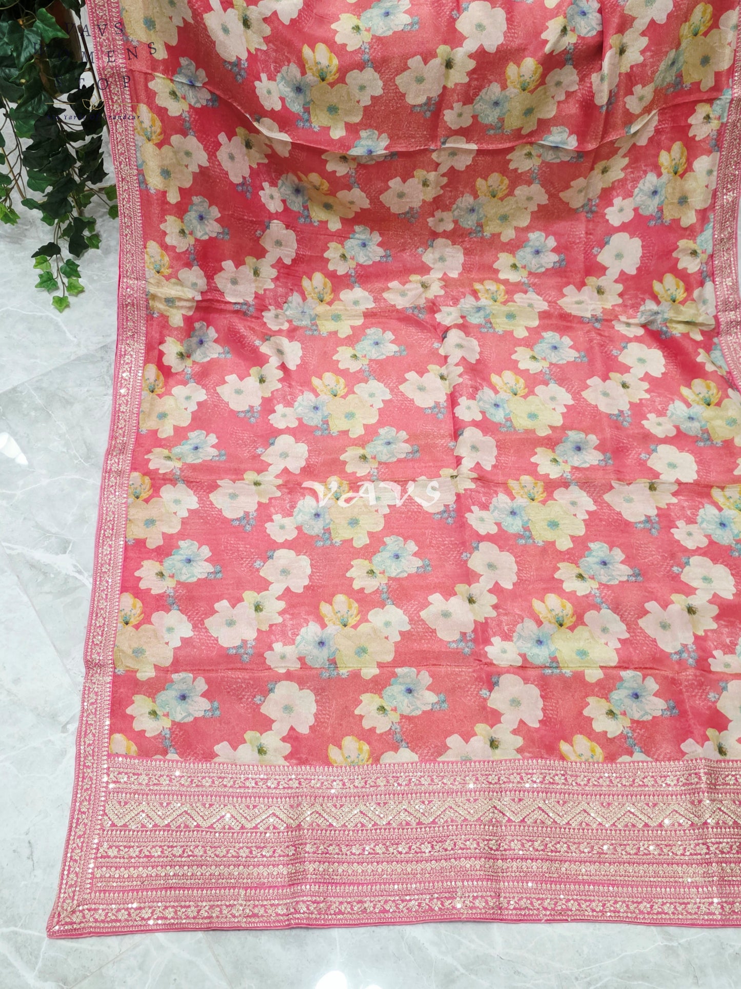 Regal Coral Rose Viscose Crepe Silk Tissue Saree with Pastel Floral Print, Embellished Lace Border & Rani Pink Blouse
