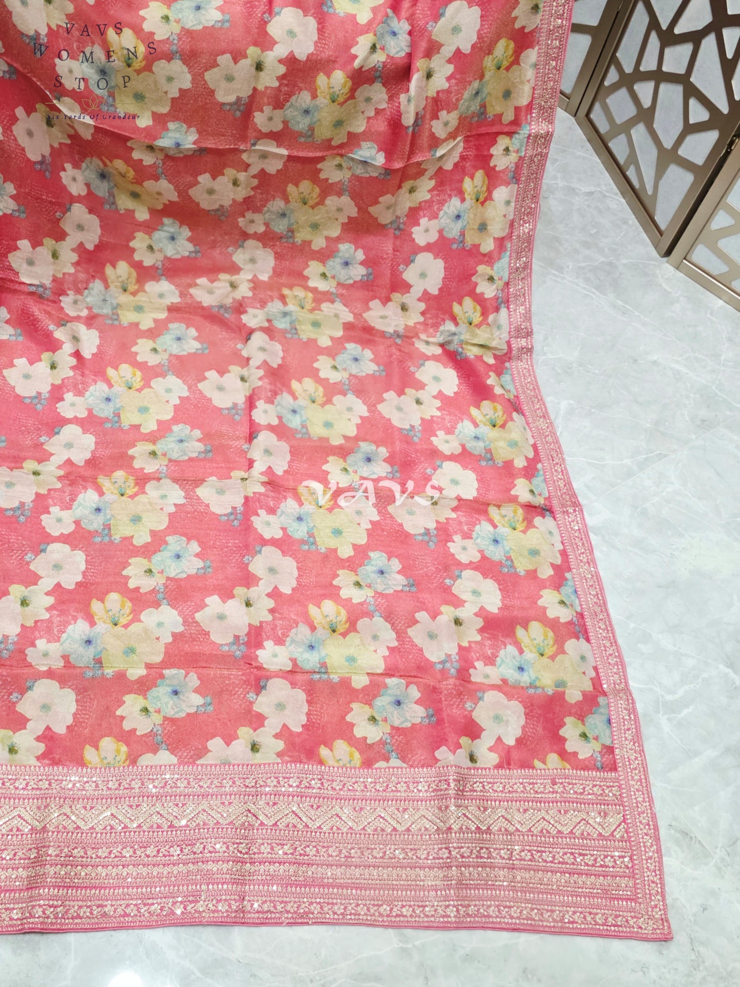 Regal Coral Rose Viscose Crepe Silk Tissue Saree with Pastel Floral Print, Embellished Lace Border & Rani Pink Blouse