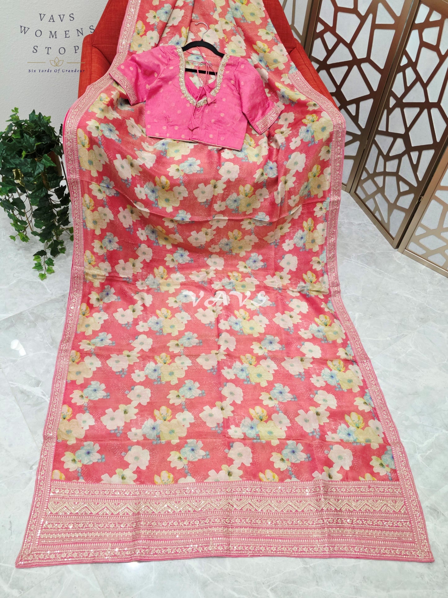 Regal Coral Rose Viscose Crepe Silk Tissue Saree with Pastel Floral Print, Embellished Lace Border & Rani Pink Blouse