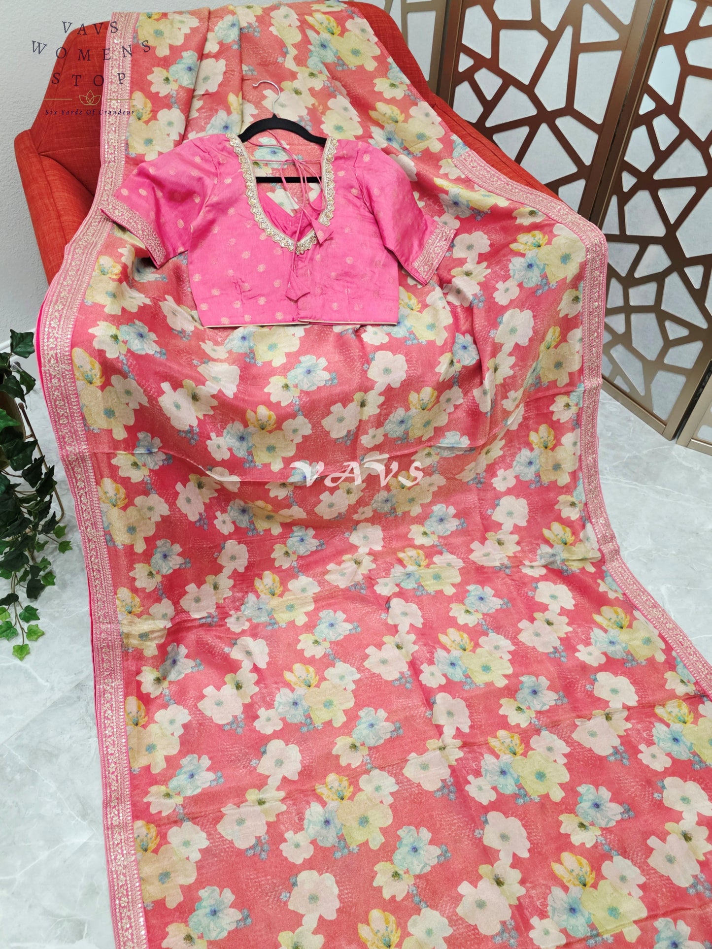 Regal Coral Rose Viscose Crepe Silk Tissue Saree with Pastel Floral Print, Embellished Lace Border & Rani Pink Blouse