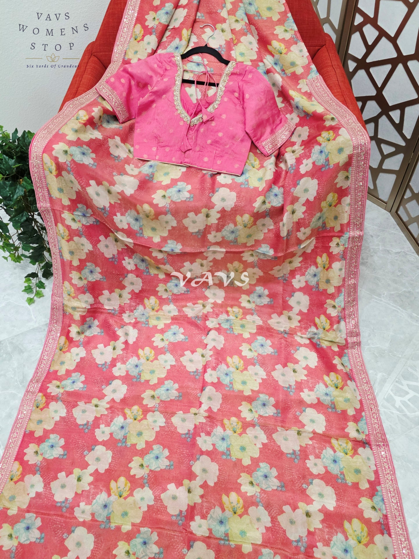 Regal Coral Rose Viscose Crepe Silk Tissue Saree with Pastel Floral Print, Embellished Lace Border & Rani Pink Blouse