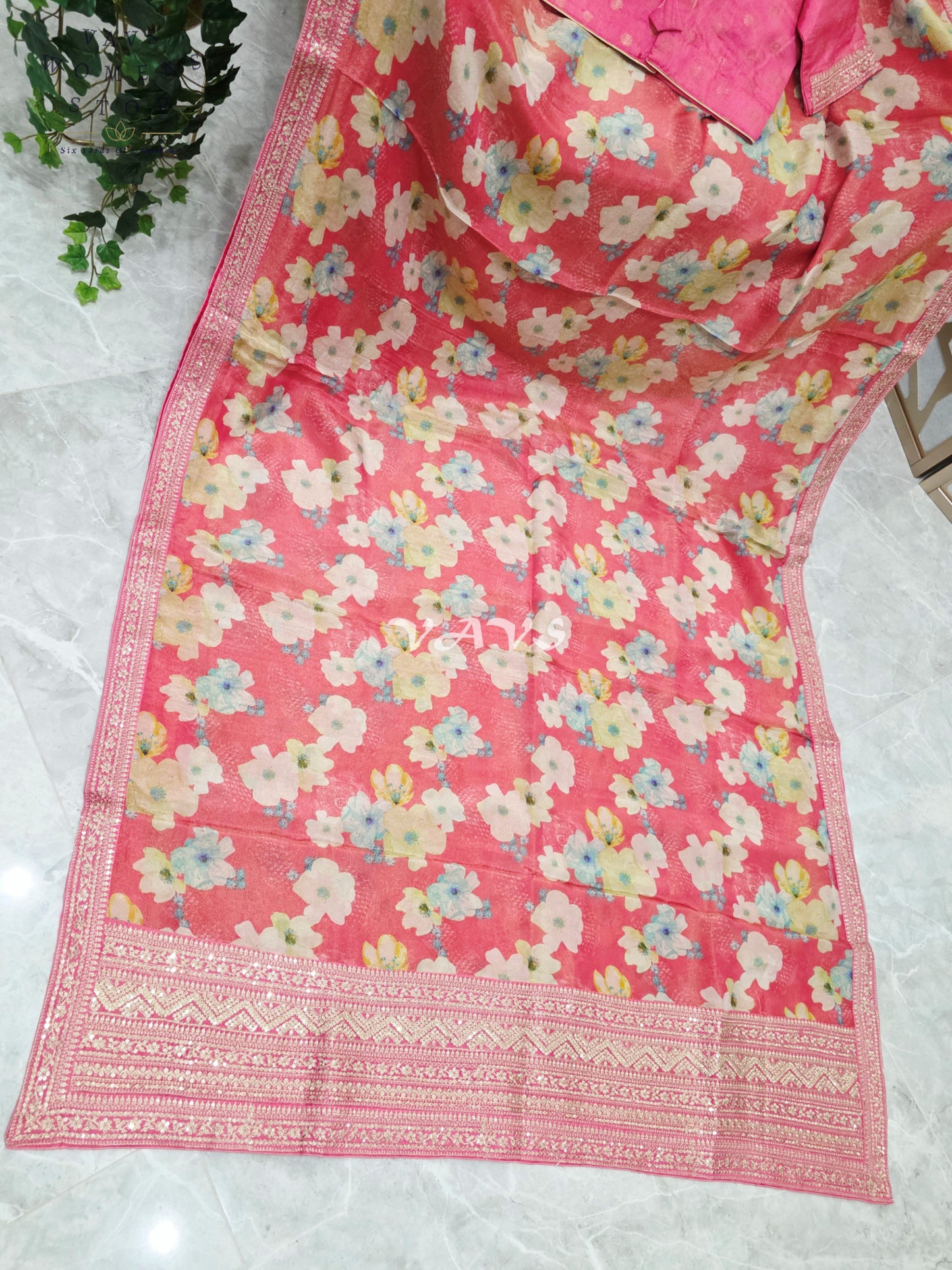 Regal Coral Rose Viscose Crepe Silk Tissue Saree with Pastel Floral Print, Embellished Lace Border & Rani Pink Blouse