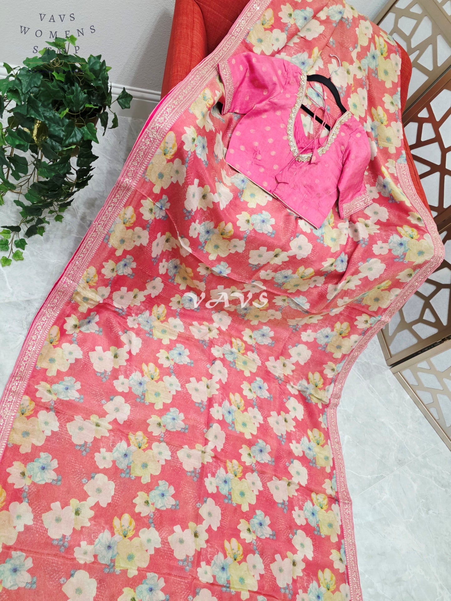 Regal Coral Rose Viscose Crepe Silk Tissue Saree with Pastel Floral Print, Embellished Lace Border & Rani Pink Blouse