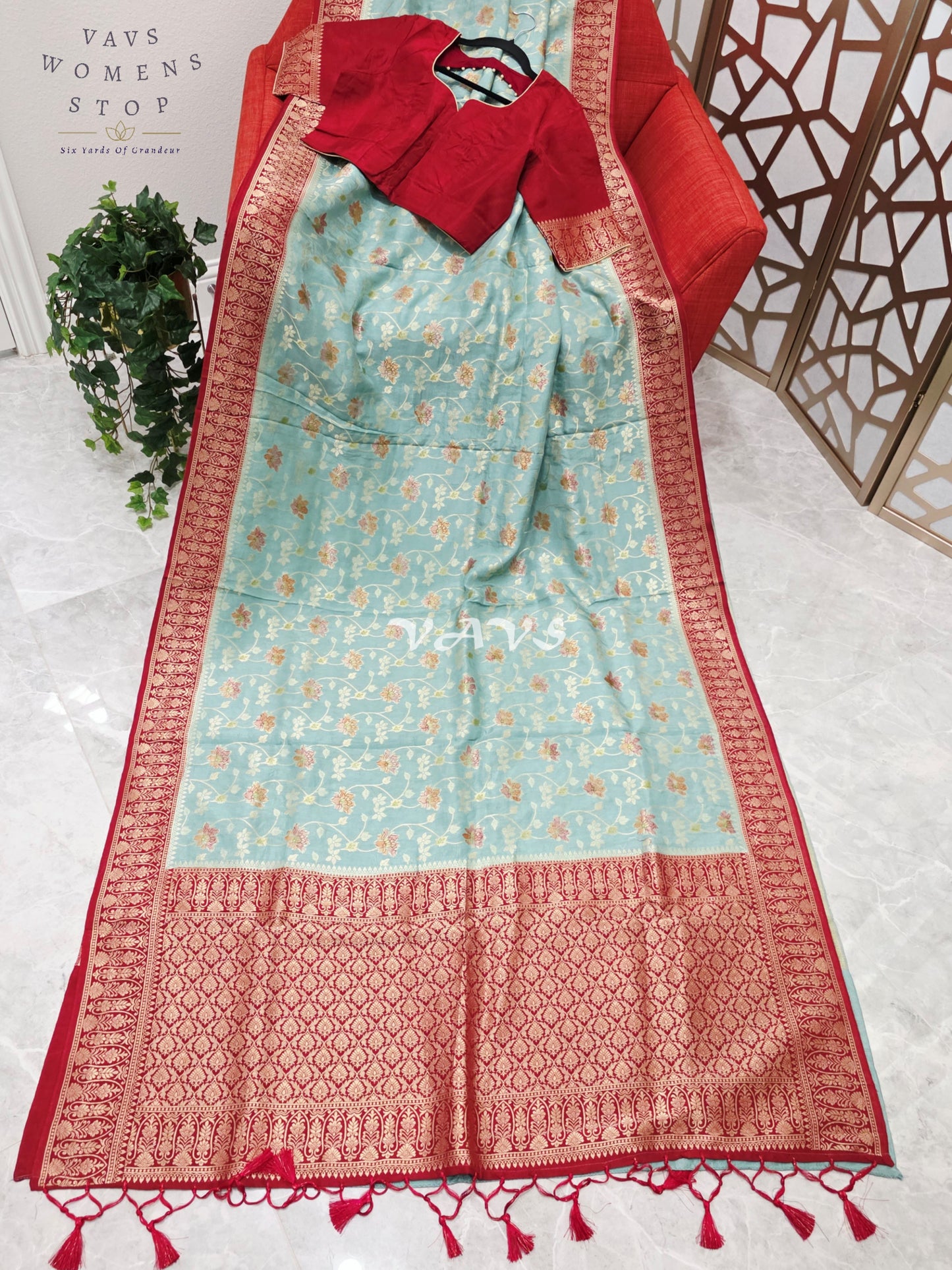 Regal Powder Aqua & Crimson Gold Munga Crepe Silk Designer Saree with Premium Stitched Blouse