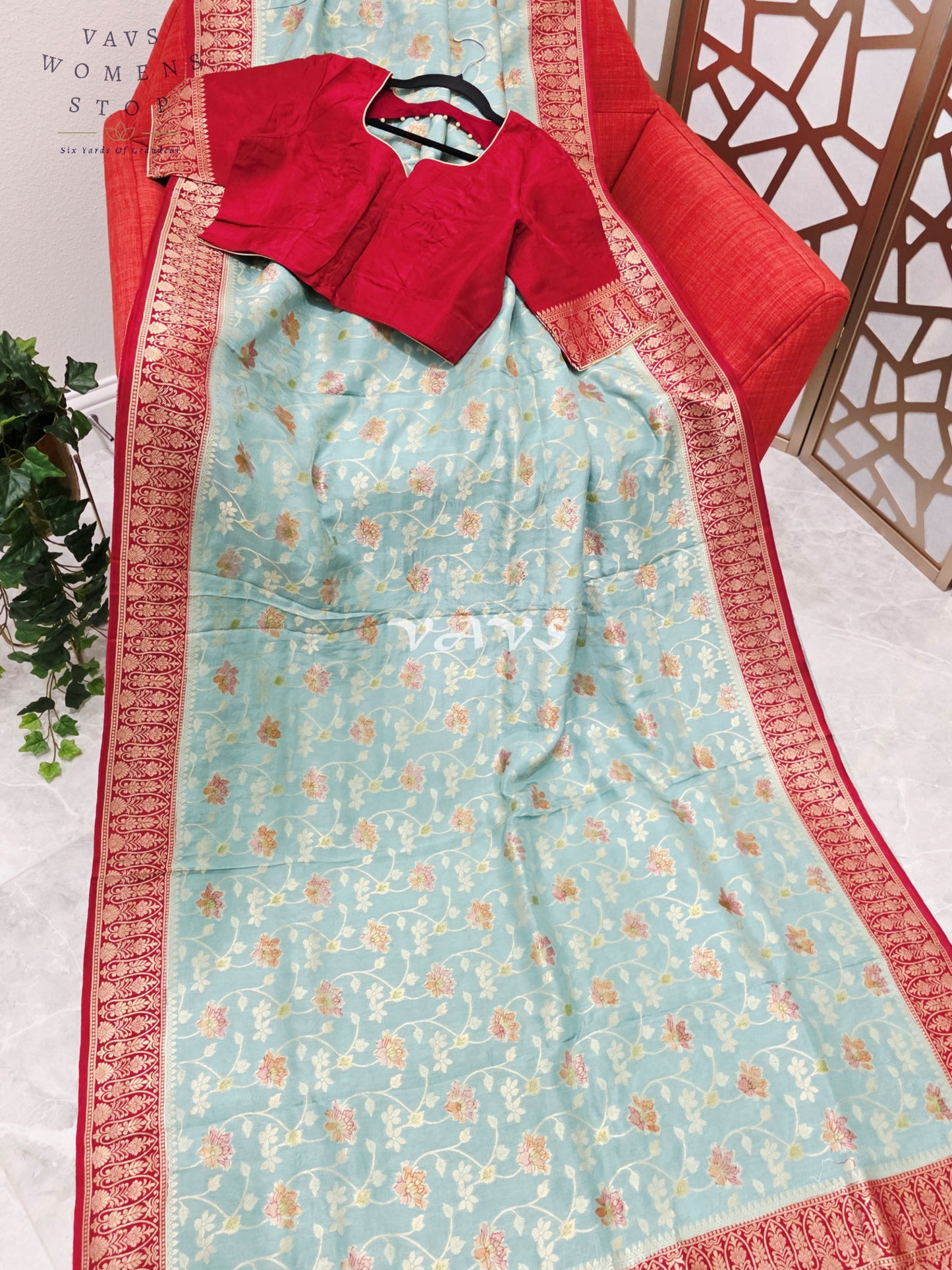Regal Powder Aqua & Crimson Gold Munga Crepe Silk Designer Saree with Premium Stitched Blouse
